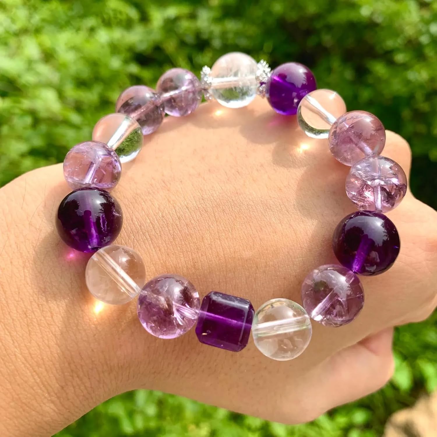 Natural Amethyst& Azeztulite Clear Crystal Beads Bracelet, 12mm Healing Crystals Jewelry Handmade Stretch Adjustable Bangle, Gift for Him Her - Image 5