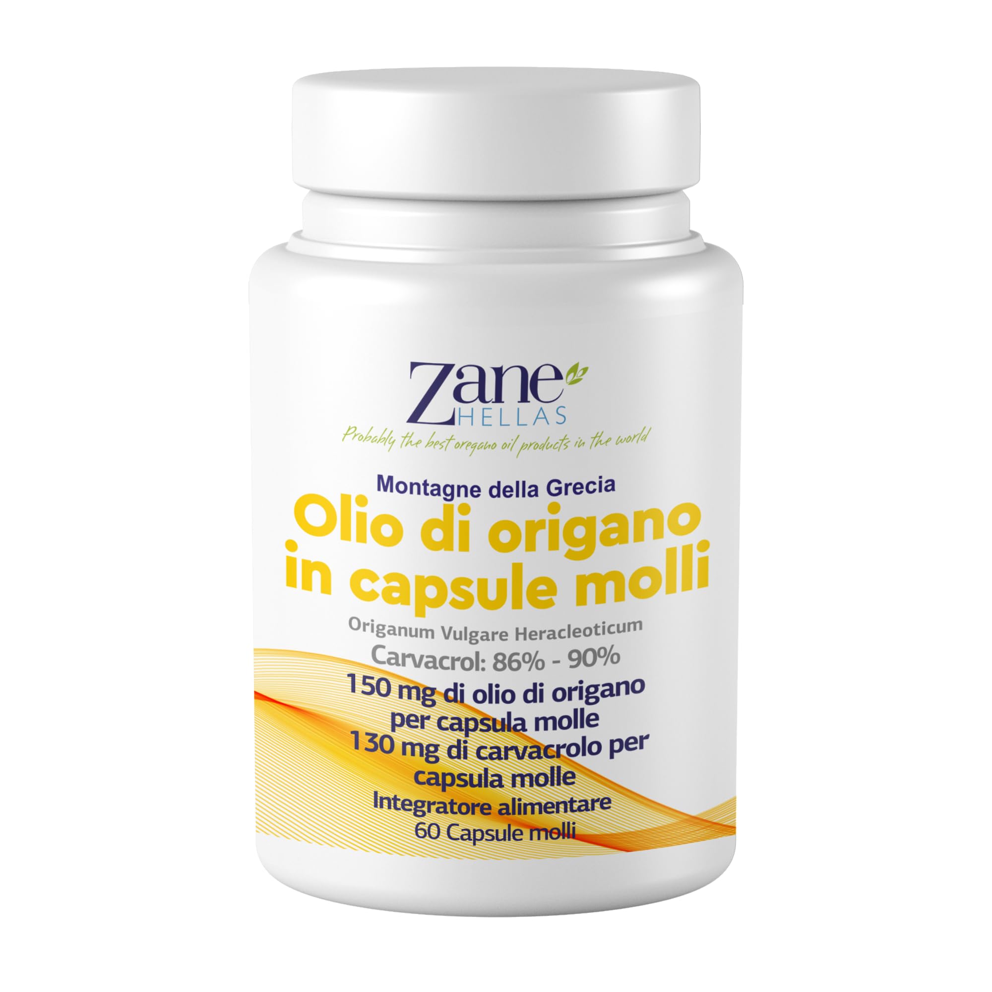 Zane Hellas Oregano Oil Softgels. La più alta concentrazione del mondo. Ogni Softgel Contiene 30% di Olio Essenziale Greco Puro di Origano. 130 mg di Carvacrolo per Softgel. 60 softgels.