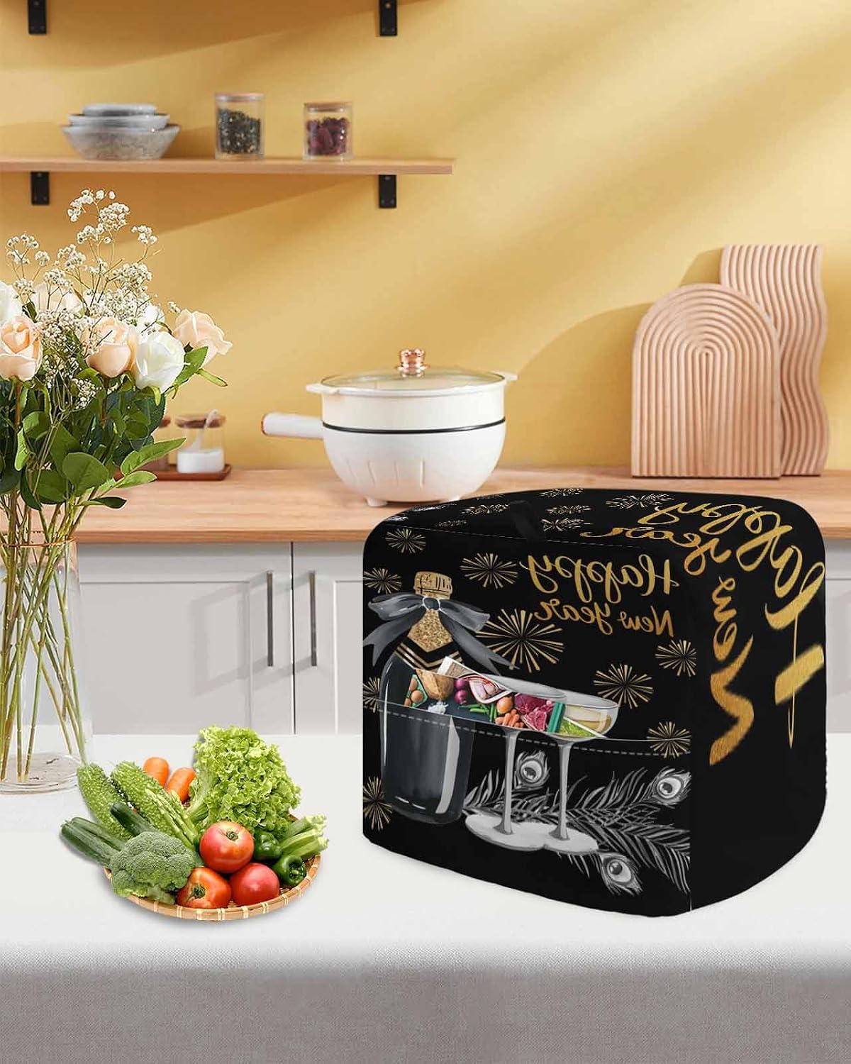 Happy New Year Stand Mixer Cover with Storage Pocket, Waterproof Kitchen Mixer Covers, Cups Modern Art Kitchen Appliance Dust Cover Compatible with 4/4.5 Quart Mixers