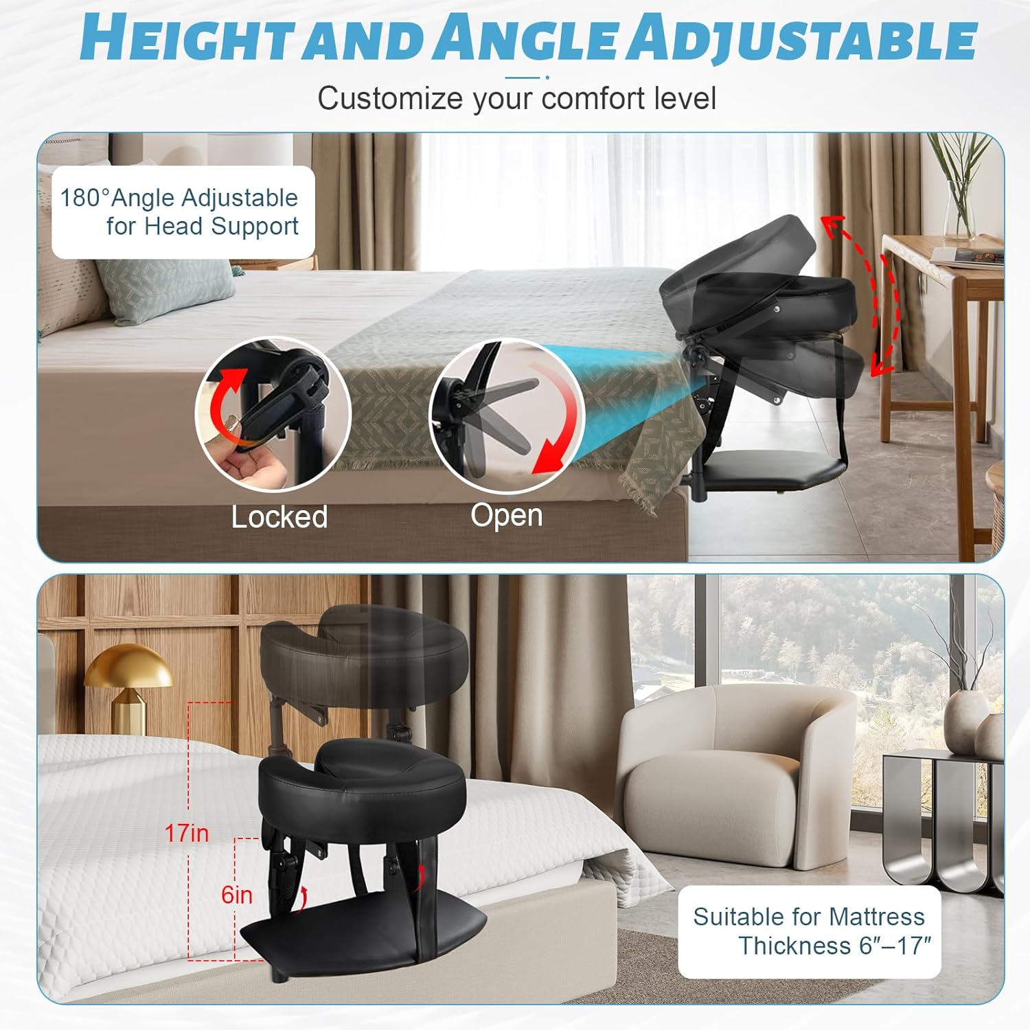 Massage Headrest for Bed, Adjustable Massage Face Cradle at Home, Portable Bed Massage Head Holder, Massage Table Head Rest for Salon Spa, Face Down Pillow After Eye Surgery, Black with Armrest