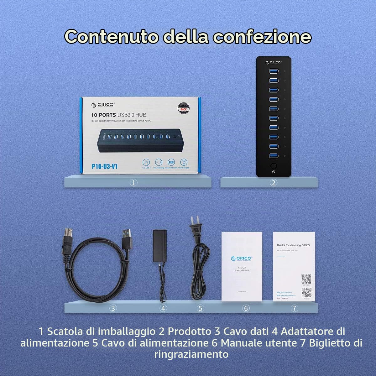 ORICO 10 Portes Hub USB 3.0 con Interruttore di Alimentazione e Adattatore di Alimentazione 45W (12V4A), Hub Dati a 5 Gbps di Alta Velocità per PC Desktop Computer Notebook MacBook iMac