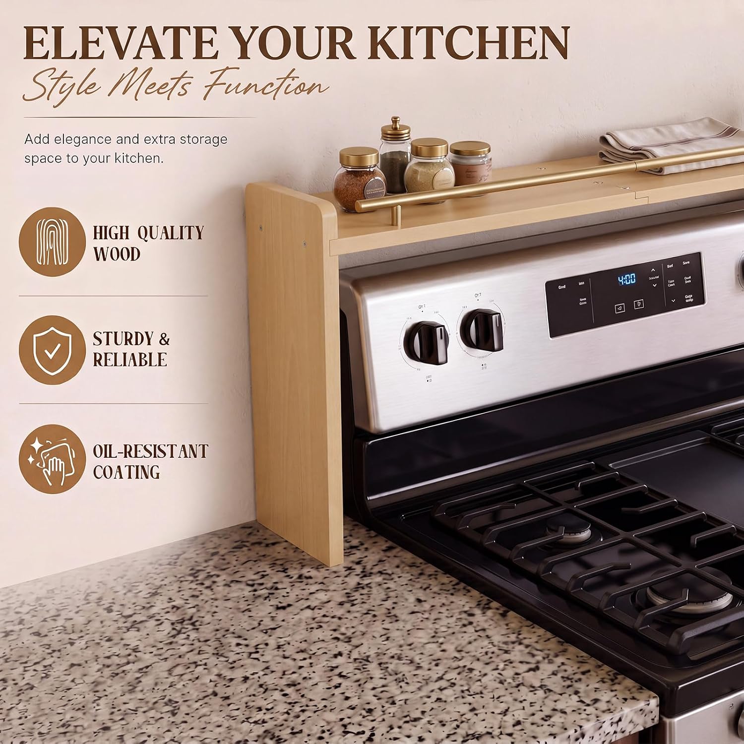 Sintuff over Stove Shelf with Legs, Wooden Spice Rack, Light Brown