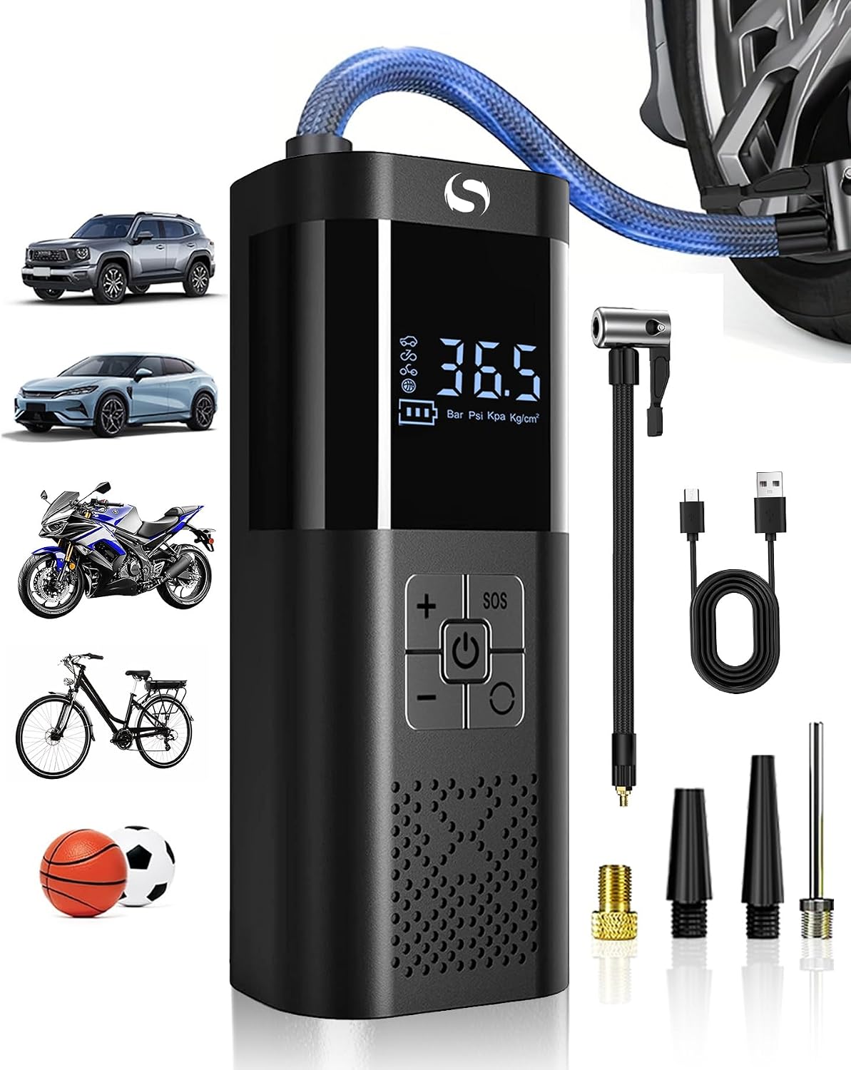 Electric Air Pump, Portable Mini Compressor with Pressure Gauge, Electric Air Pump Battery 150 PSI, Bicycle Air Pump with LED for Car, Motorcycle, Bicycle Ball