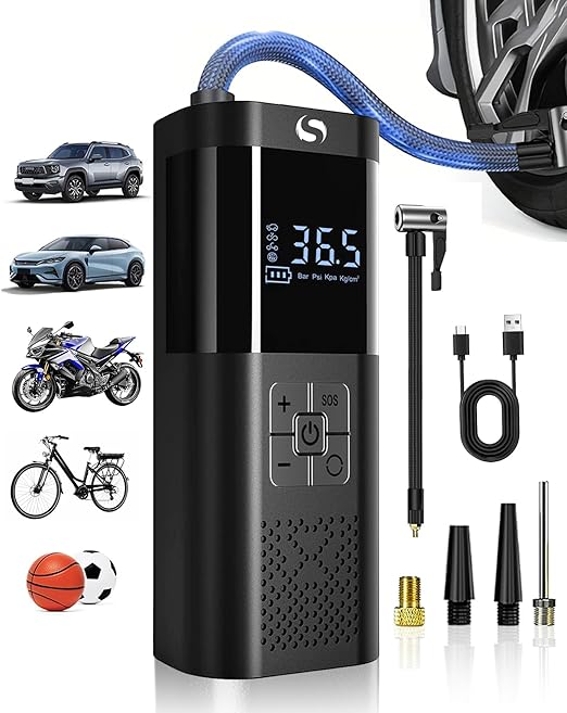 Compressore Aria Portatile, Mini Compressore a Batteria con Manometro, Accessori Auto per Gli Uomini Donne, 150PSI Gonfiatore Elettrico con Luce LED Adatto per Auto Moto Bici Palla