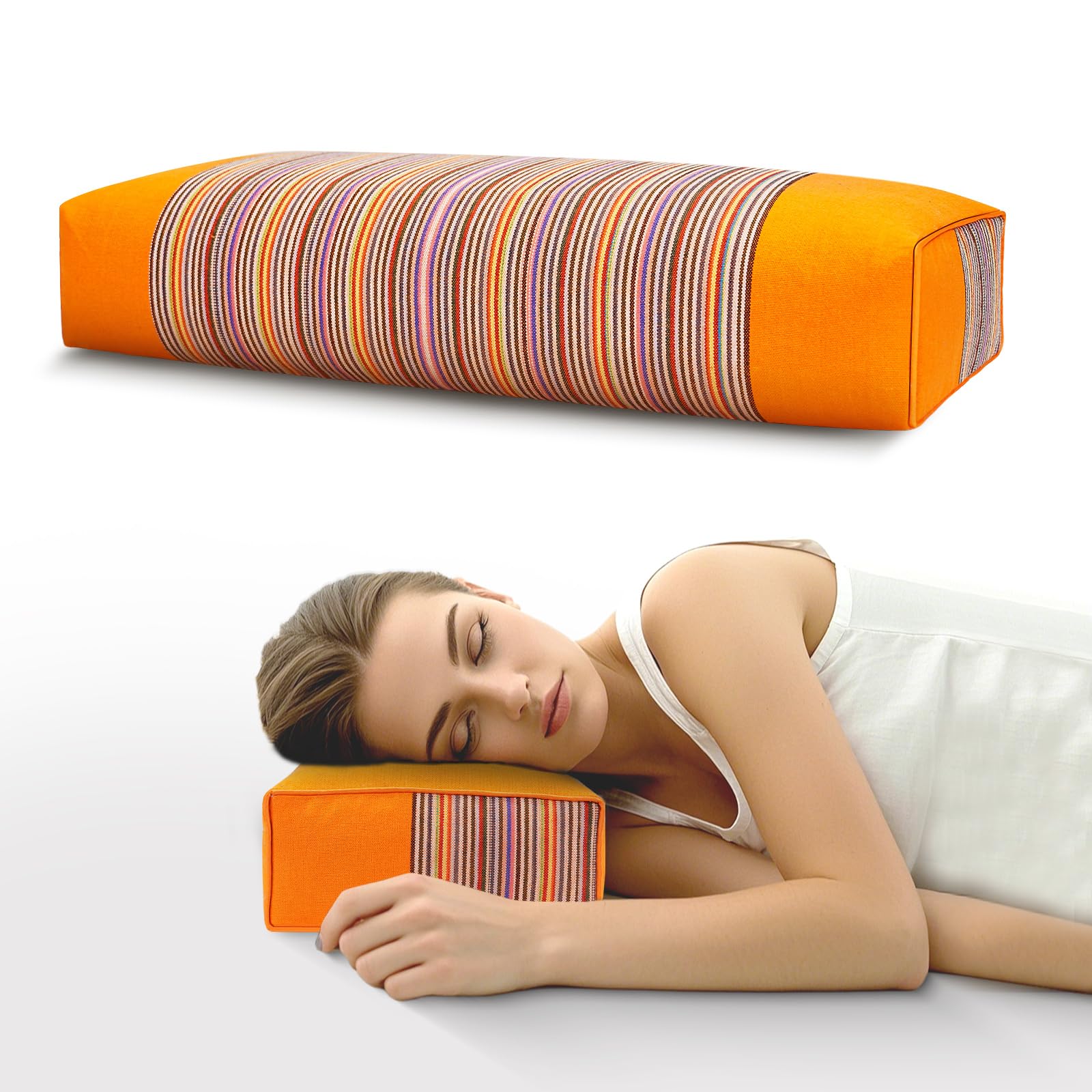 JOERRES Adjustable Organic Buckwheat Pillow for Neck Pain Relief - Natural Cooling Cervical Support Bed Pillow for Side & Back Sleepers with Night Sweats (21x8x4)(Orange)