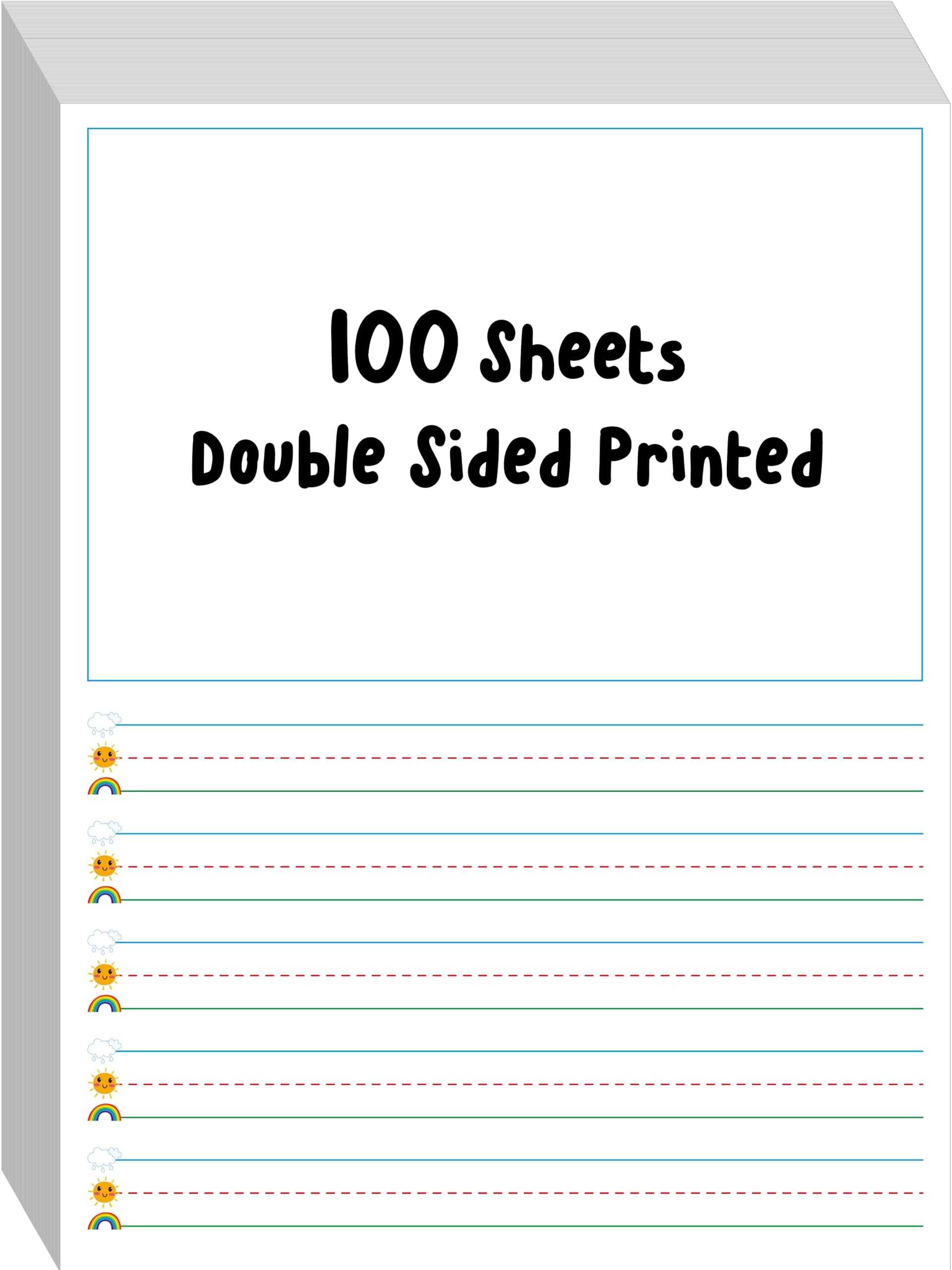 100 Sheets Ruled Writing Paper, Double-Sided Printing 1” Line Spacing with Blank Area Handwriting Writing Paper with Dotted Lines Practice Paper for Kindergarten Toddlers Kids (8” x 10.6”)