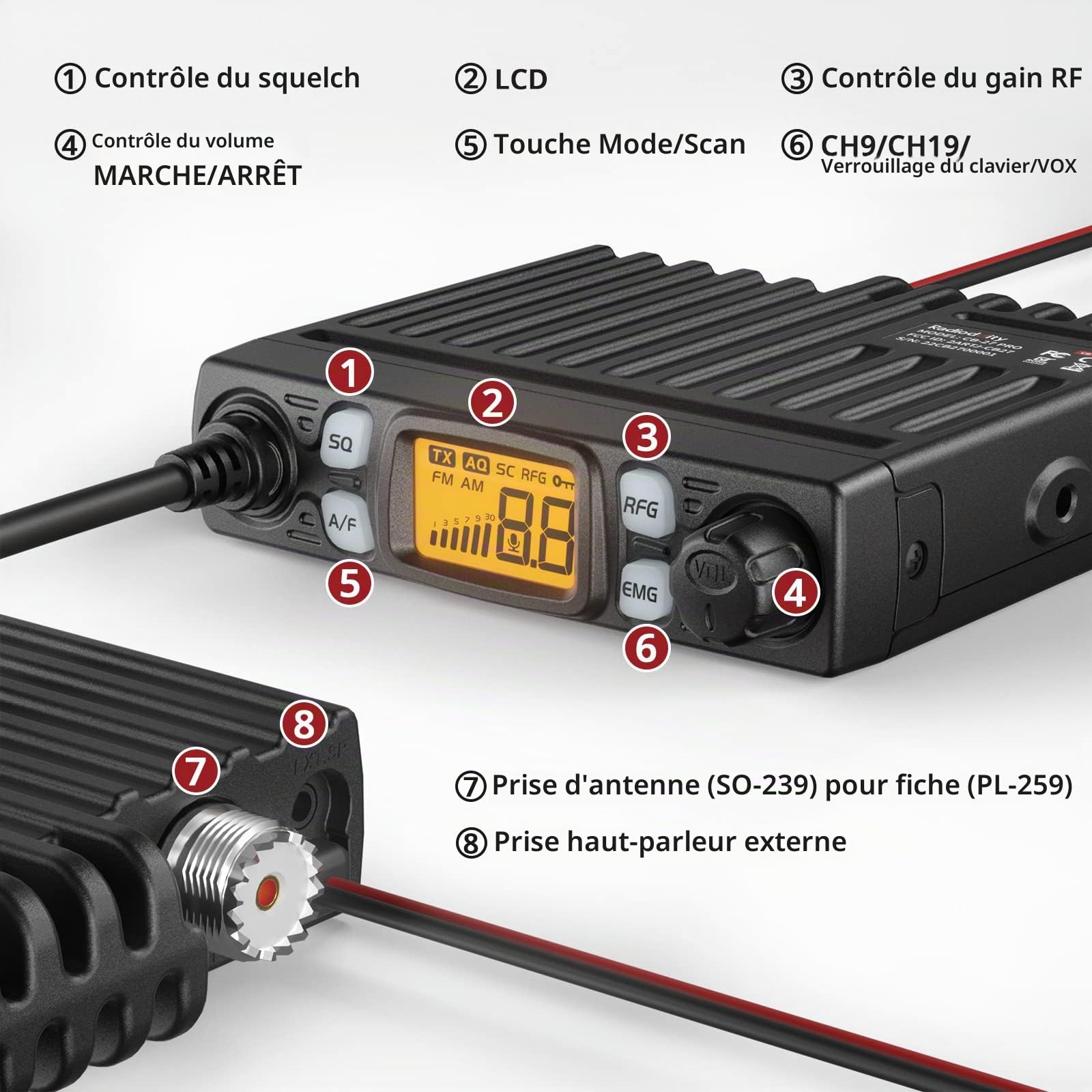 Radioddity CB-27 Pro Mini Radio CB Mobile 40 canaux avec Canal d'urgence instantané AM/FM 9/19, Puissance de Sortie 4 W, VOX, Gain RF et Micro Portable