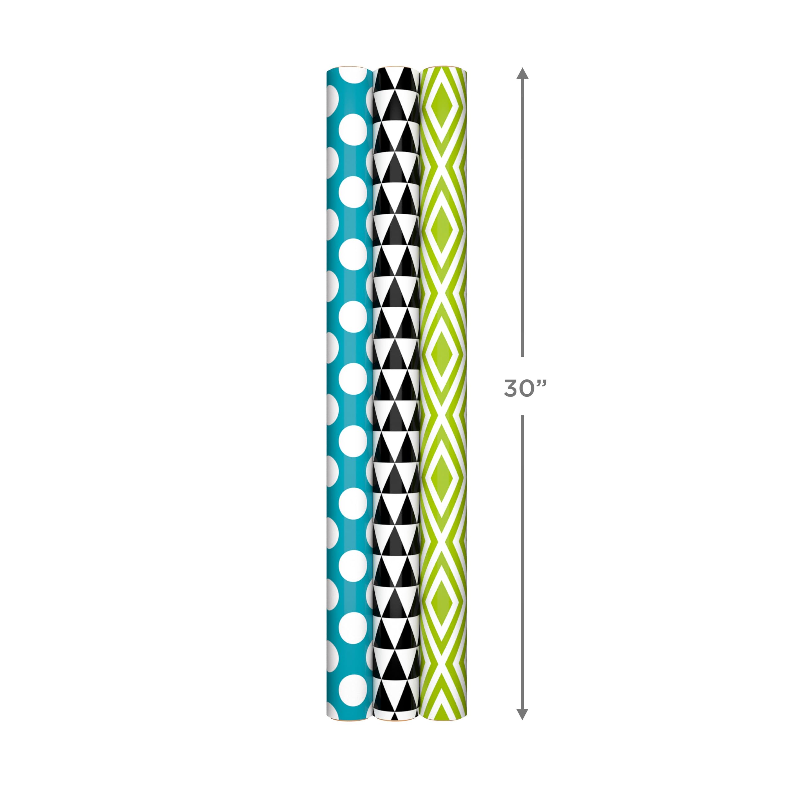 Hallmark Moderne Geschenkpapierrollen für Geburtstag, Abschlussfeier, Weihnachten, Geschenkpapier (Set mit 3 Wenderollen: 75 sq. ftl.) Schwarz, Weiß, Blau, Orange, Gelb & Grün für alle Anlässe
