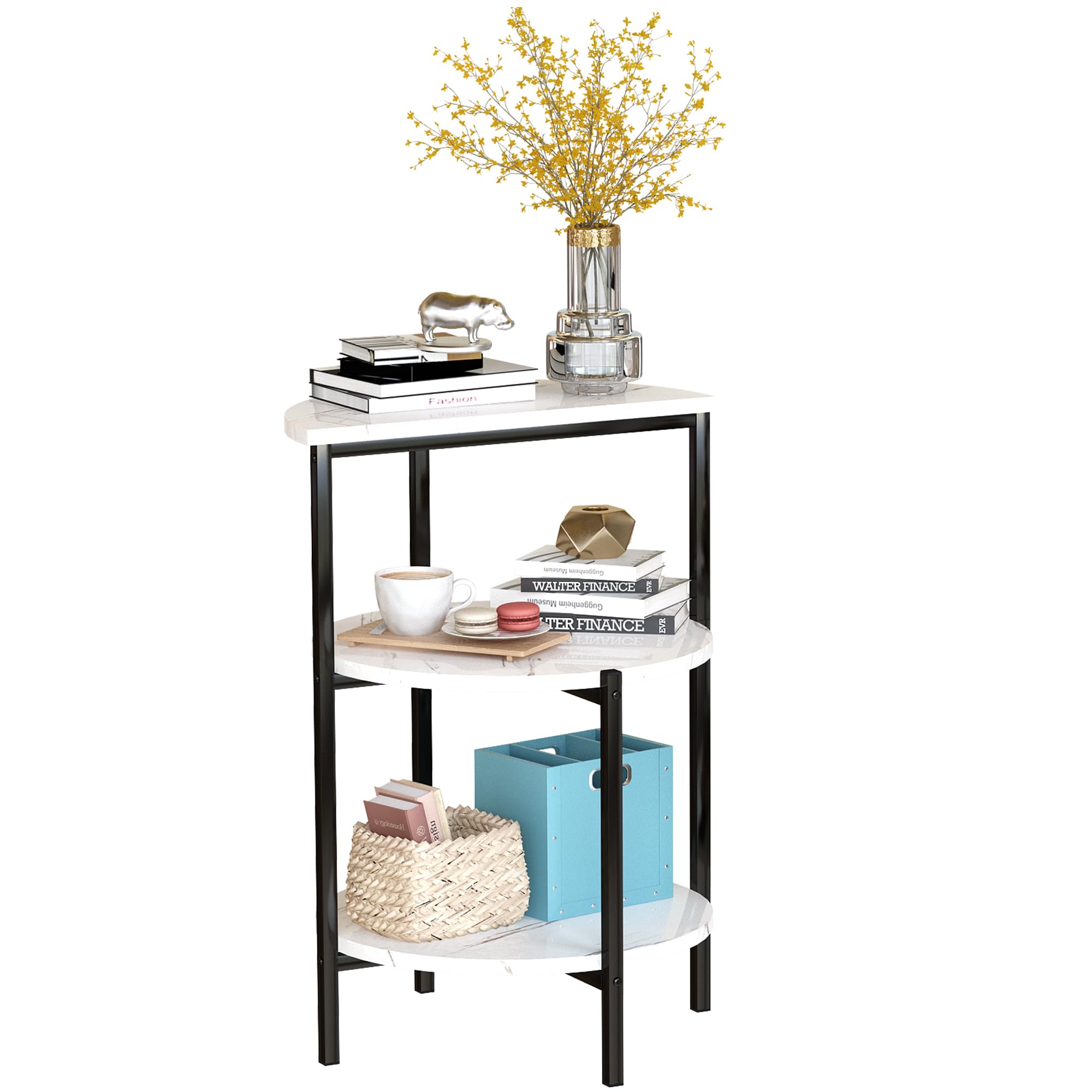 furlinkhm Marble Side End Table Set, 3-Tier Sofa Side Table, Small Round Coffee Bedside Corner Table with Metal Frame for Living Room Bedroom (1,