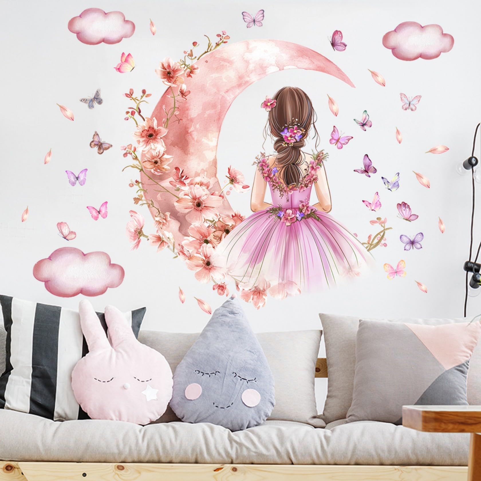 Lekabee Girls Pink Butterfly Wall Sticker,Moon Clouds Flower Fairy Wall Decal,Floral Wall Mural Butterflies Wall Art For Baby Nursery Bedroom Playroom
