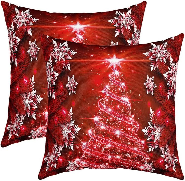 Christmas Tree Throw Pillow Covers 18"x18" Set of 2 Soft Glitter Xmas Tree Snowflake Pillow Cases Cushion Covers for Living Room Bedroom Luxury Red Decorative Throw Pillowcases for Sofa Couc