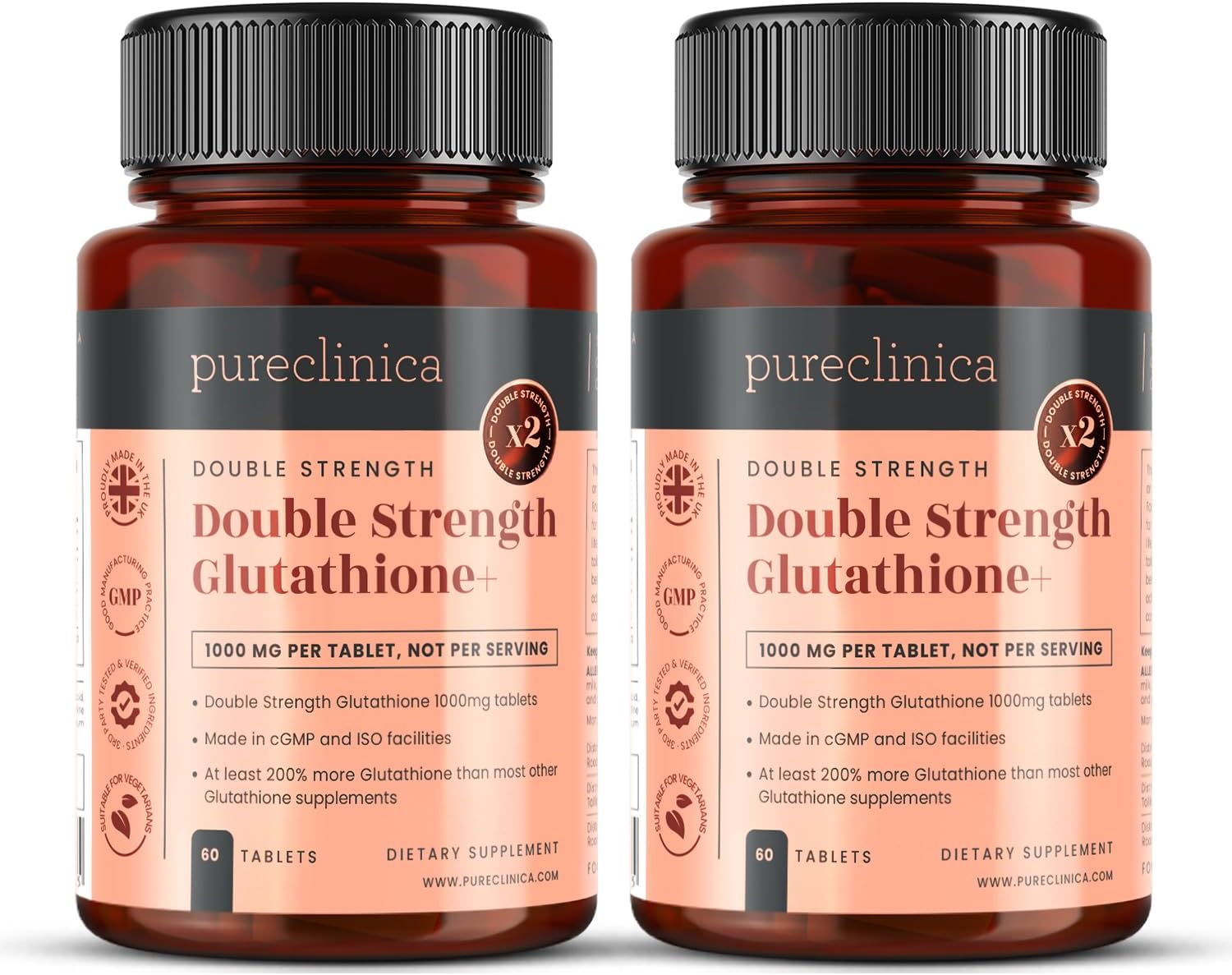 Glutathione 1000mg x 120 Tablets (2 Bottles of 60)- w/500mg Glutathione, 300mg ALA, and 200mg VIT C per Tablet