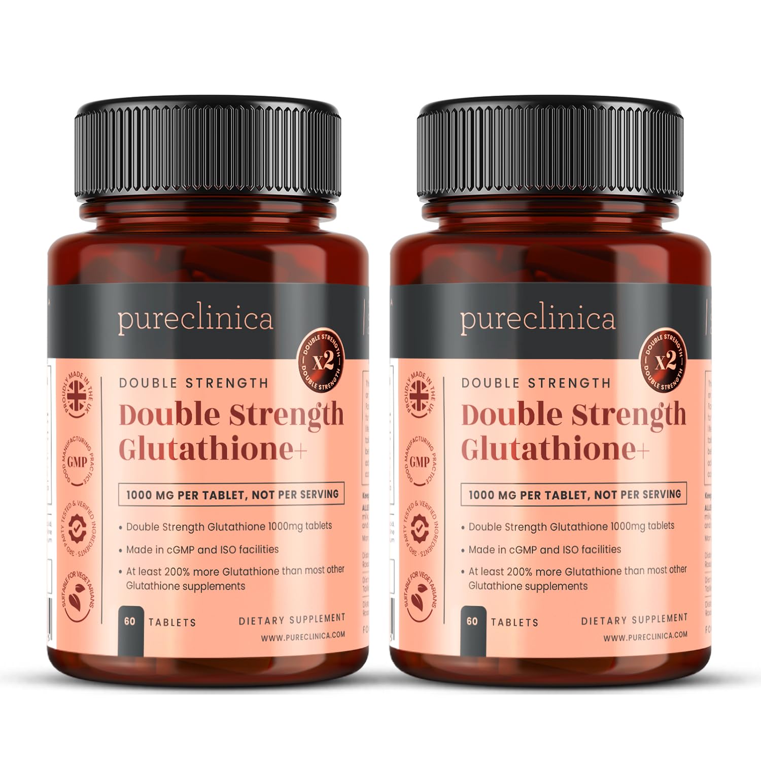 pureclinicaGlutathione 1000mg x 120 Tablets (2 Bottles of 60)- w/500mg Glutathione, 300mg ALA, and 200mg VIT C per Tablet