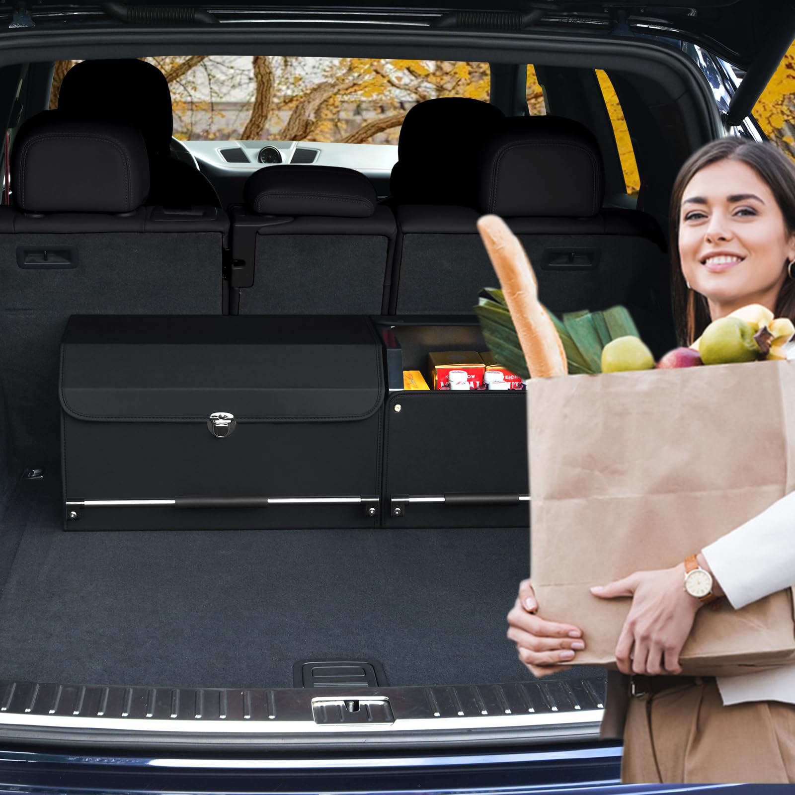 Rangement Coffre de Voiture, organisateur coffre voiture En Cuir pliable Avec Couvercle Et Poignée Robuste organisateur de coffre de voiture Et Stockage pour SUV (92 * 29 * 31cm)