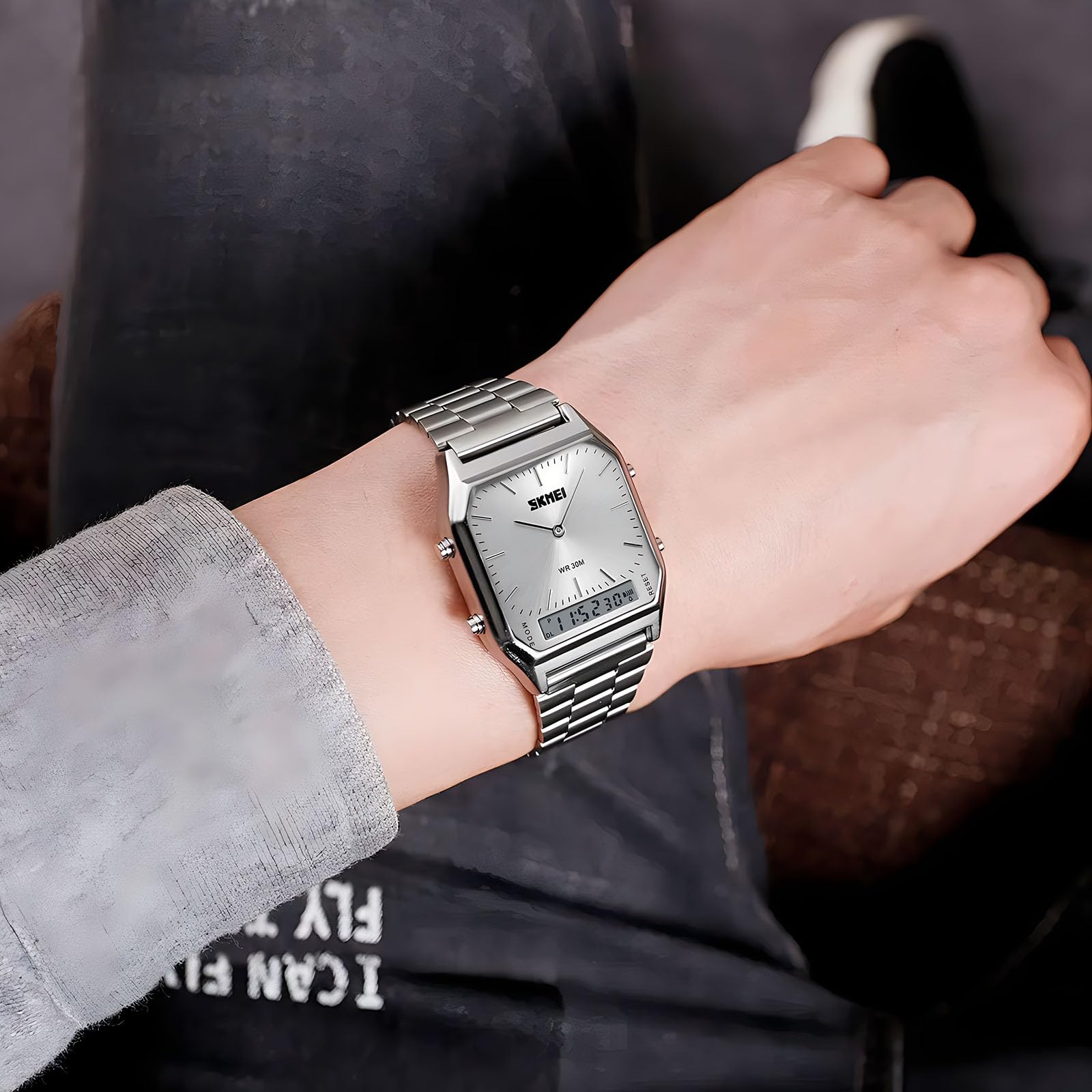 Gosasa Montre Bracelet Unisexe étanche Militaire analogique numérique avec chronographe LED Multi-Temps en Acier Inoxydable pour Homme