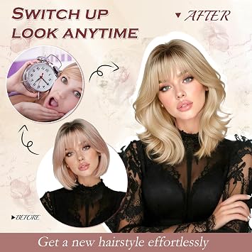 FESHFEN Shoulder Length Bob Wigs with Bangs for Women - Ombre Blonde Natural Layered Wavy Synthetic Wig For Daily Party Costume Use 14 Inch