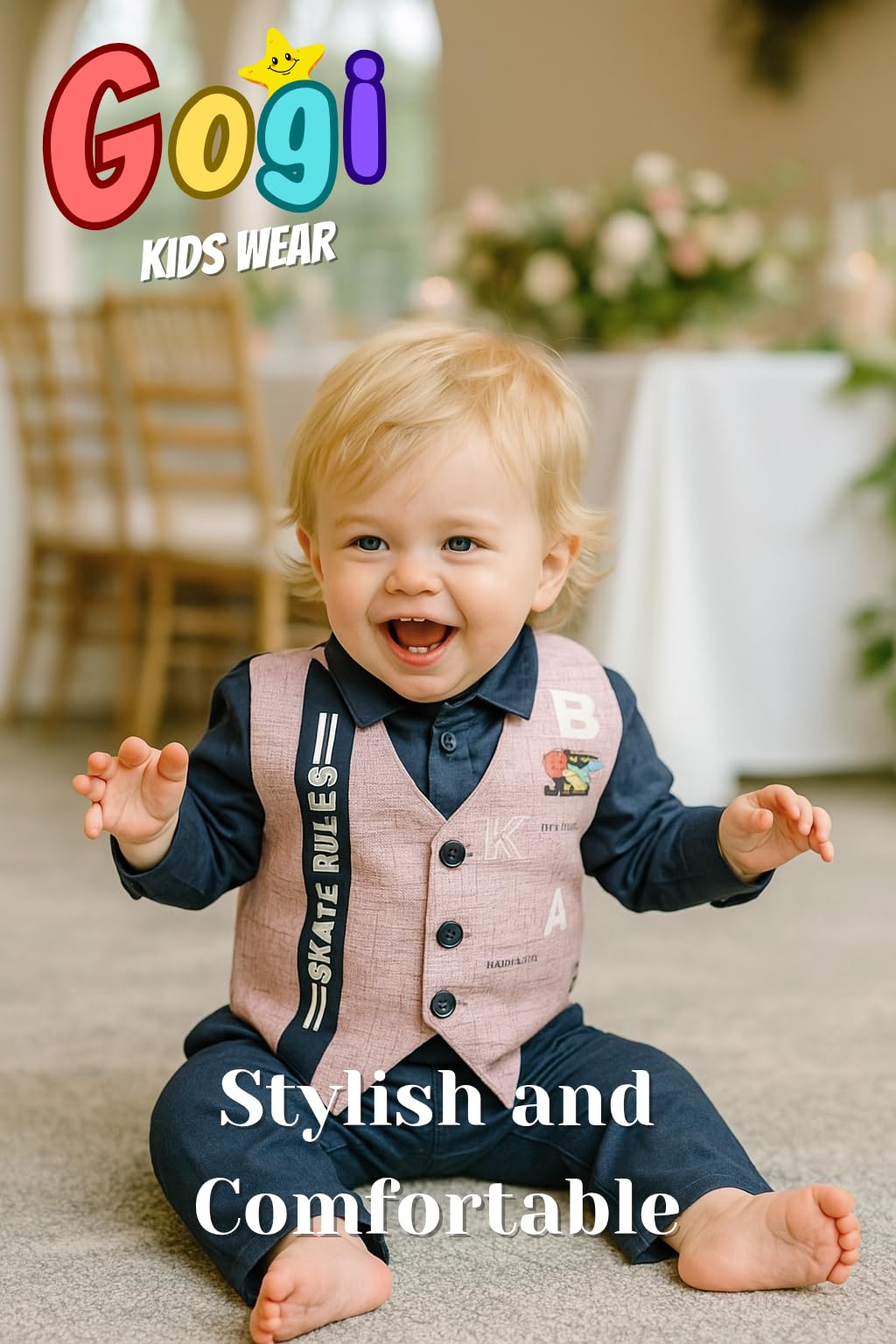 Boys 3-Piece Semi-Formal Suit Set with Pink Skate Print Waistcoat, Navy Blue Shirt and Trousers, 1-9 Years (Baby Pink, 3-4 Years)
