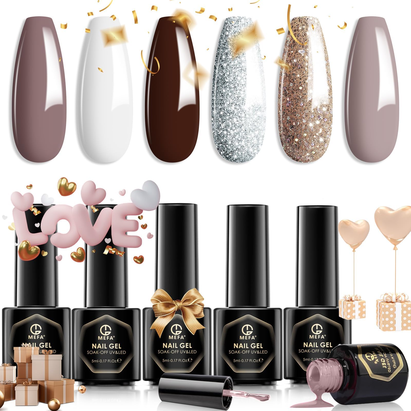 MEFAGel Nail Polish Set, 6 Colors Champagne Gold Gel Polish Set Burgundy Red Brown Silver Glitter Nail Polish Soak Off Nude Grey Pure White French Nail Art DIY Manicure Holiday Gifts for Women