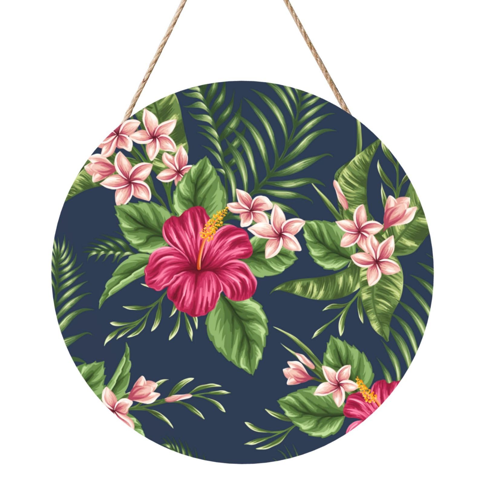InOmak Tropical Flowers Frangipani Hibiscus, Round Wood Panel Painting 12 in, Wall Hanging Painting For Home