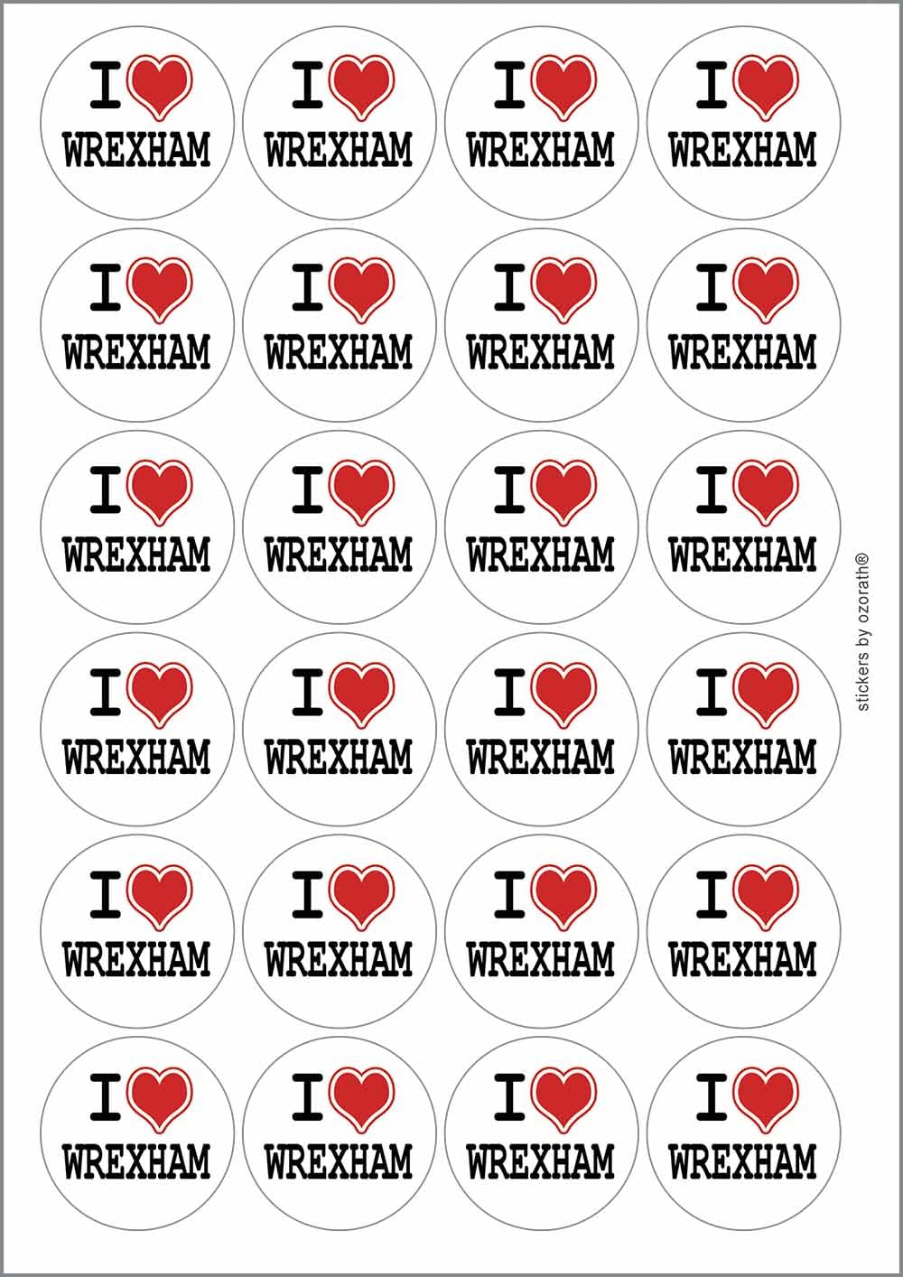 I Heart Love Wrexham Circular Matt Paper Stickers A4 Sheet of 24 (Each Sticker is 45mm Diameter)
