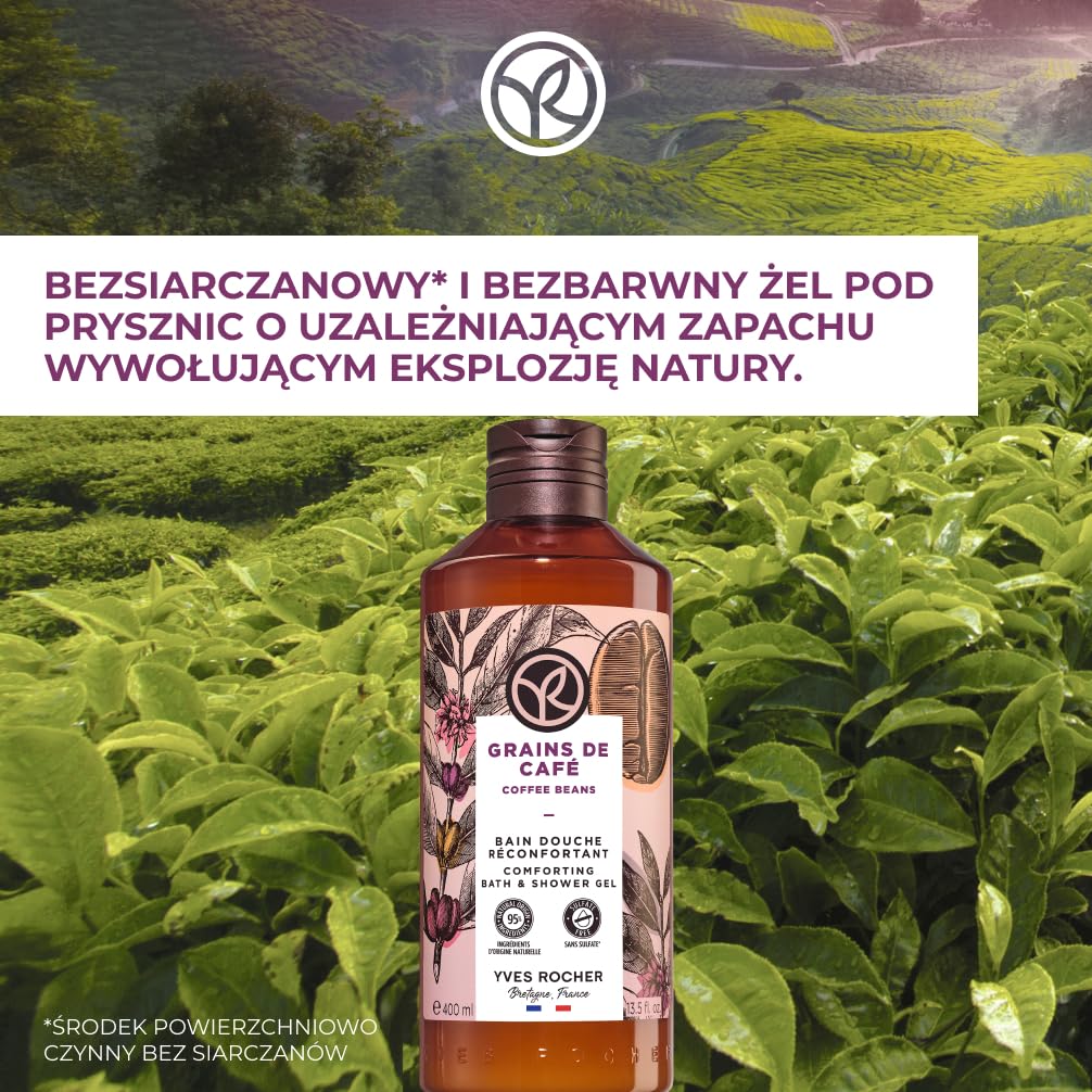 Yves Rocher Bain de Nature Ziarna Kawy – Energetyzujący i wyrafinowany żel pod prysznic i do kąpieli, aromatyczna pianka z ekstraktem, wegańska formuła, butelka z recyklingu, duża pojemność, 400 ml