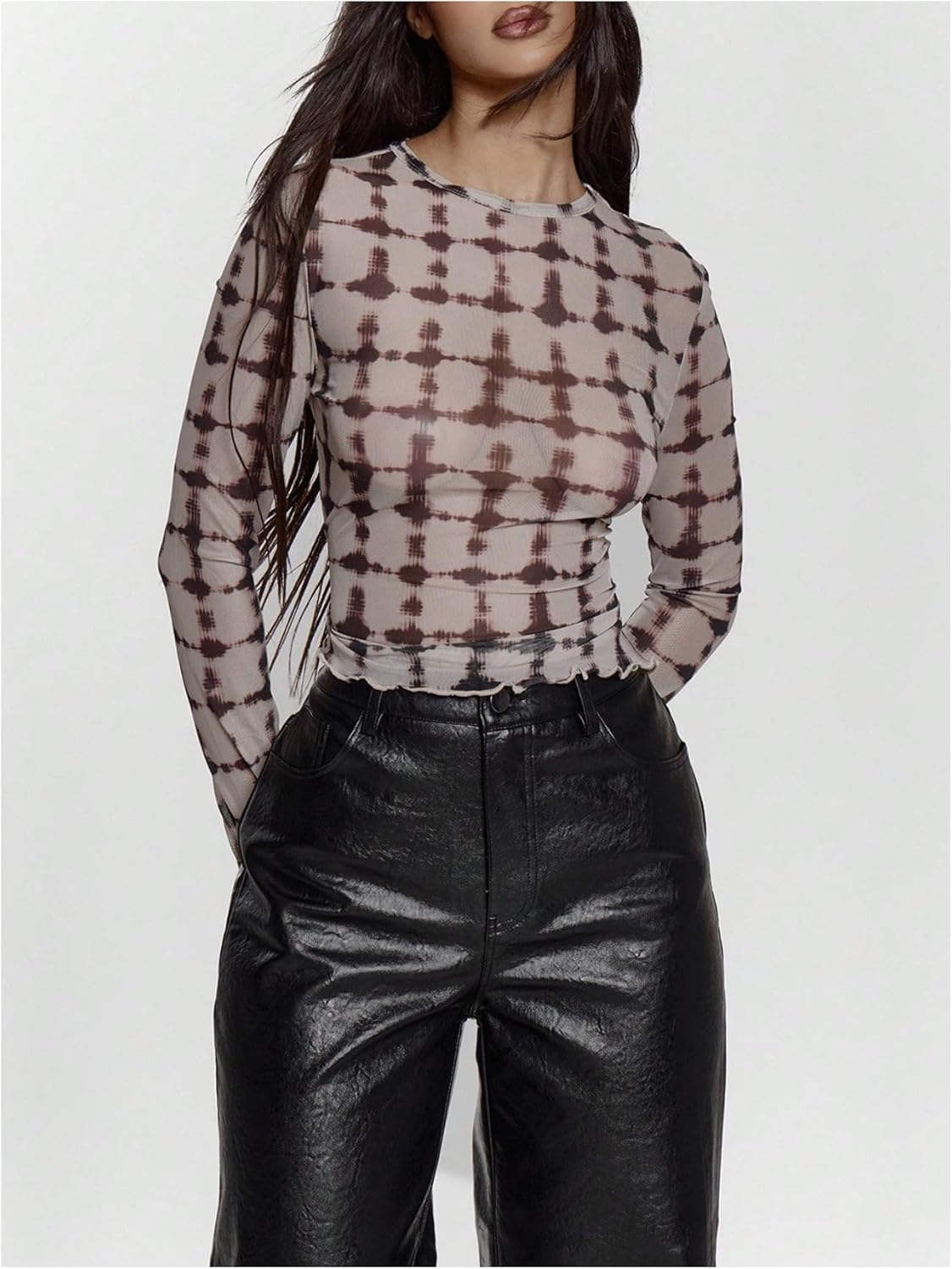 Milumia Women's Plaid Mesh Long Sleeve Top Sheer Crew Neck Fitted Going Out Crop Top Tee - Image 4