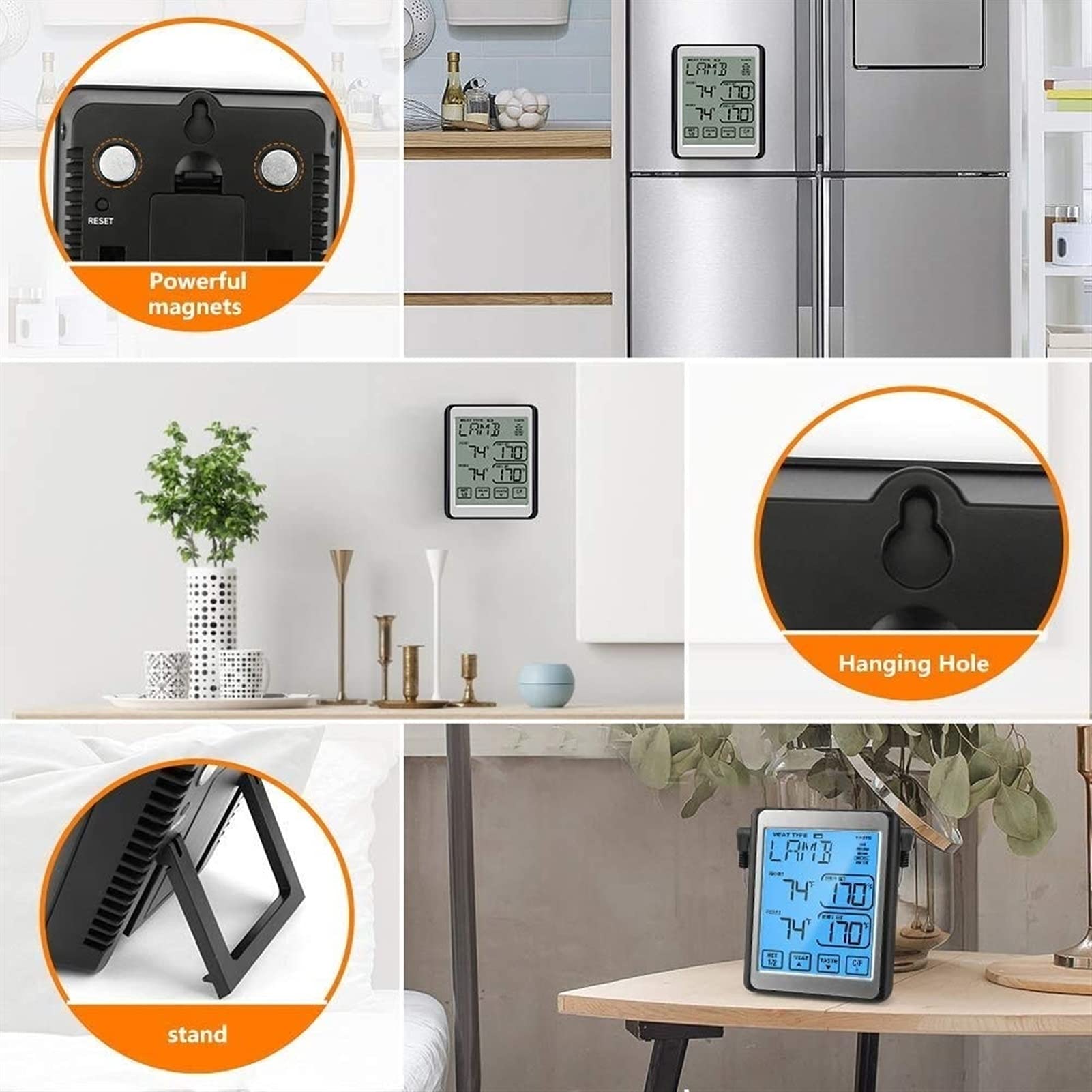 XMING Termómetro de Carne Digital Dual sonda de Cocina Barbacoa Pantalla táctil del termómetro LCD Alarma de Temporizador de retroiluminación