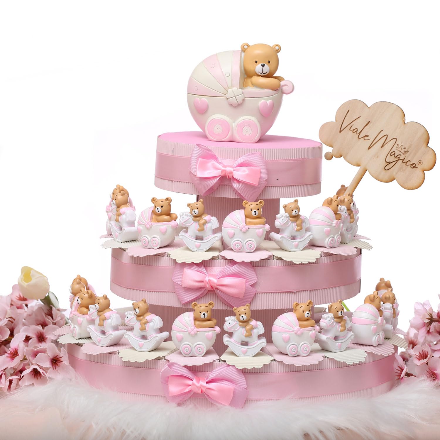 Viale Magico Bomboniere Torta Nascita Orsetto con Carrozzina e Pony Bimba Statuina 20 fettine