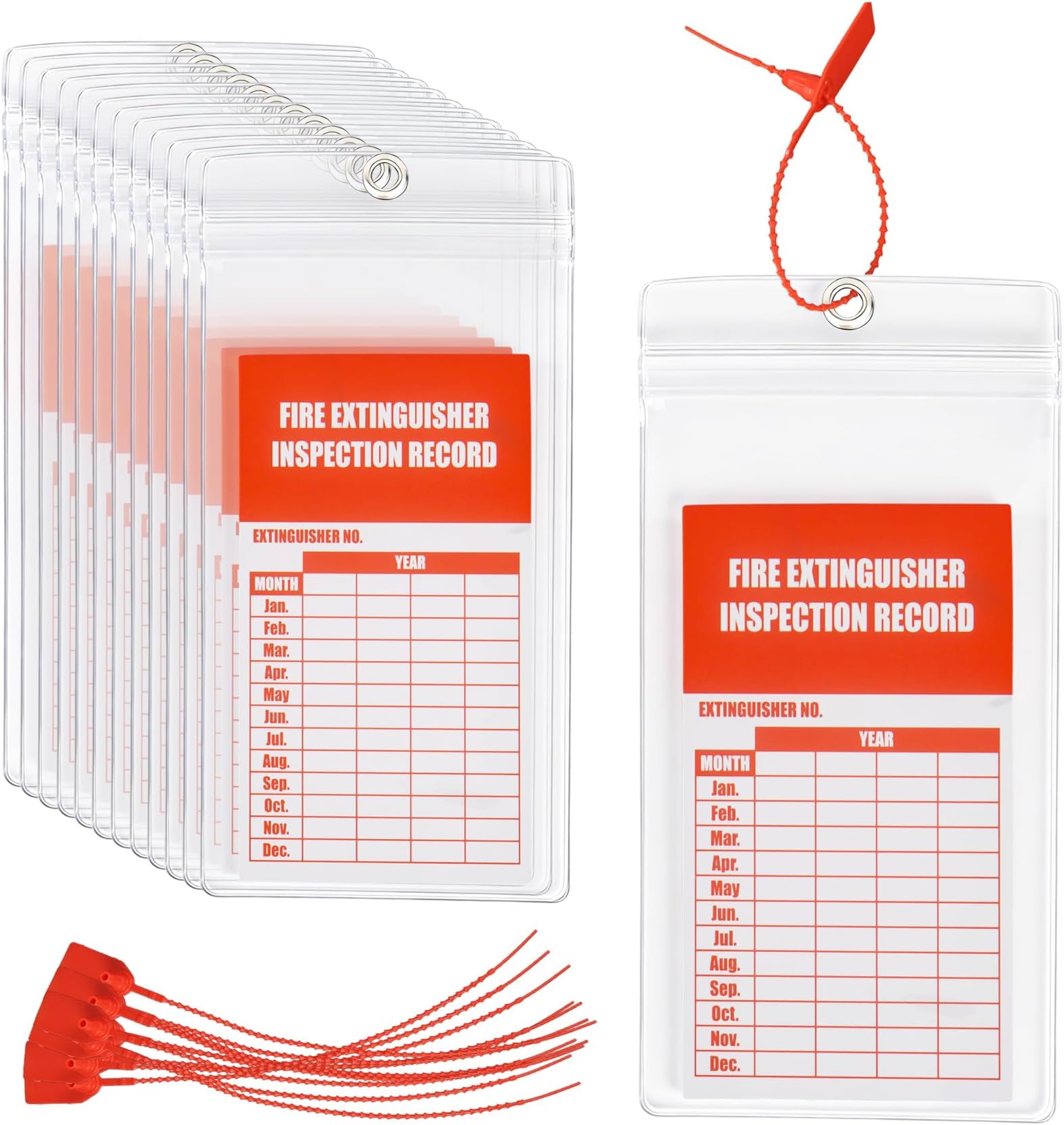 Klmnop 25 Pack Fire Extinguisher Plastic Cover with Fire Tags, 3.5 x 7.3 Inch Waterproof Resealable Inspection Tag and Tamper Seal for Monthly Service Records for Indoor Outdoor Use(Clear)