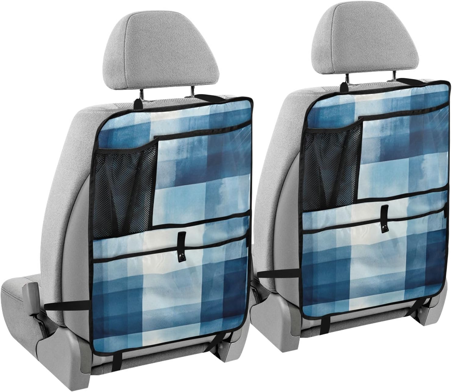 Car Seat Back Protector Blue Checkered Print, Backseat Organizer with Pockets for Tablet Bottle Tissue Book, Auto Kick Mats 25x18 IN 2 Pack
