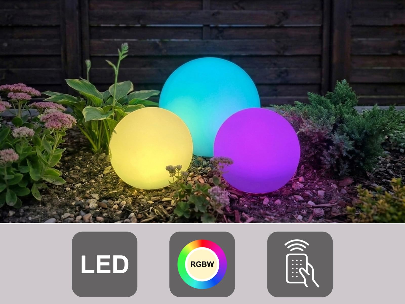meineWunschleuchte Set di 3 sfere solari a LED, 20 cm e 30 cm | RGBW, cambia colore, telecomando, lampada solare a sfera, per giardino, terrazza e balcone, IP67