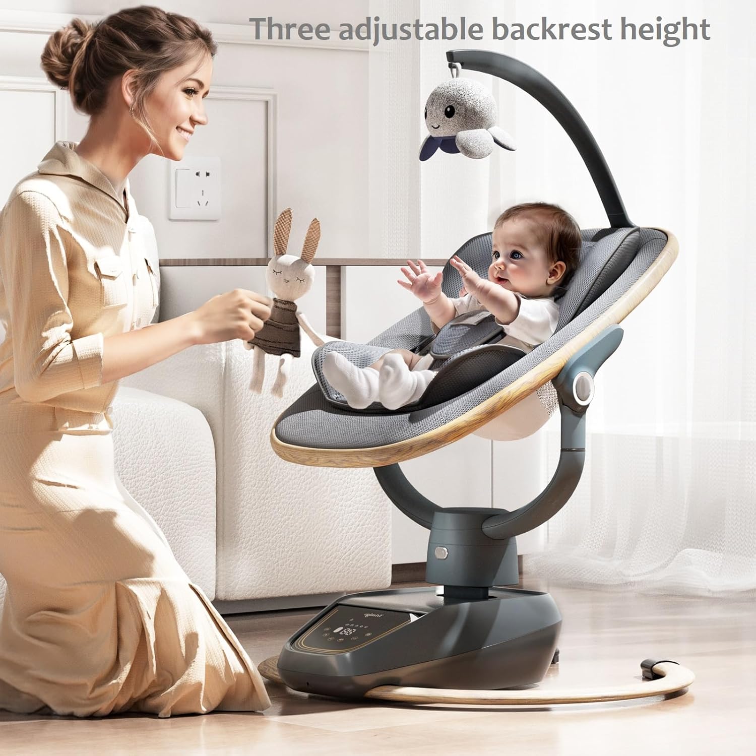 A baby comfortably seated in the Trimigo Baby Swing, which is set to an upright position, with a woman adjusting the seat height.