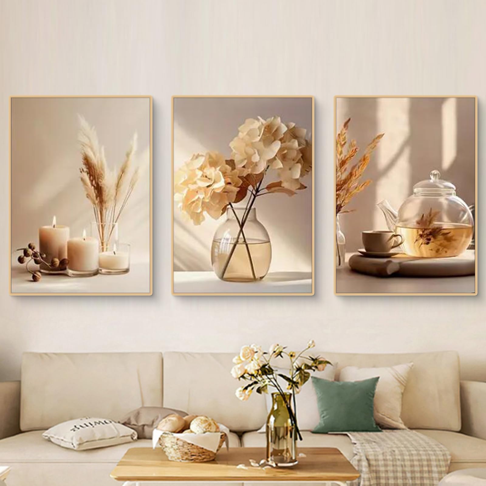 Uixxducc 3-teiliges Boho Bilder Set Moderne Beige Blume Poster Aesthetic Wandbilder Wohnzimmer Schlafzimmer Deko, Ohne Rahmen (50x70cm,G)