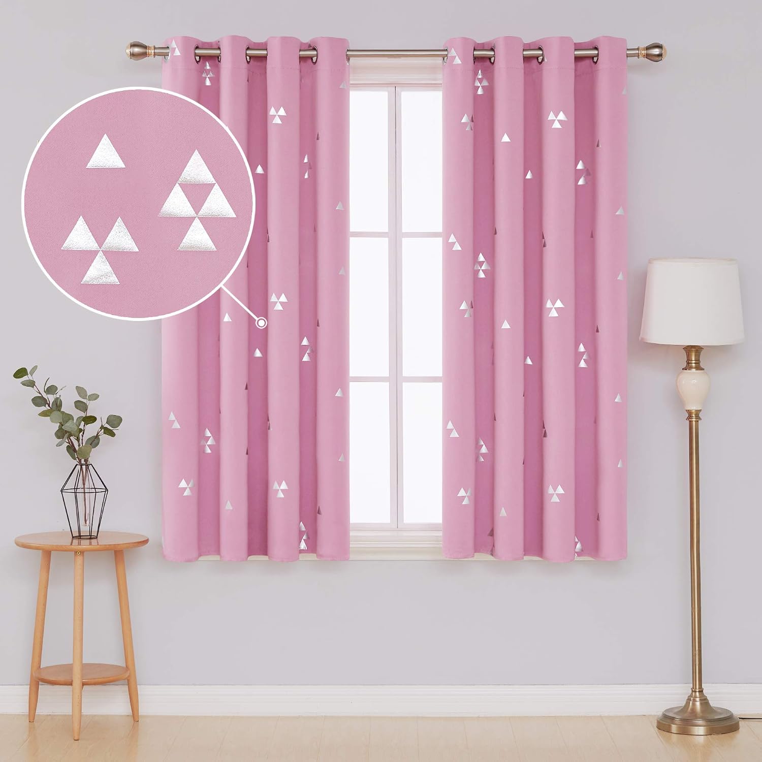 Deconovo Blackout Grommet Curtains Pair Thermal Insulated Light Blocking Curtains with Triangle Pattern for Sliding Glass Door 52 x 45 Inch Pink 2 Panels