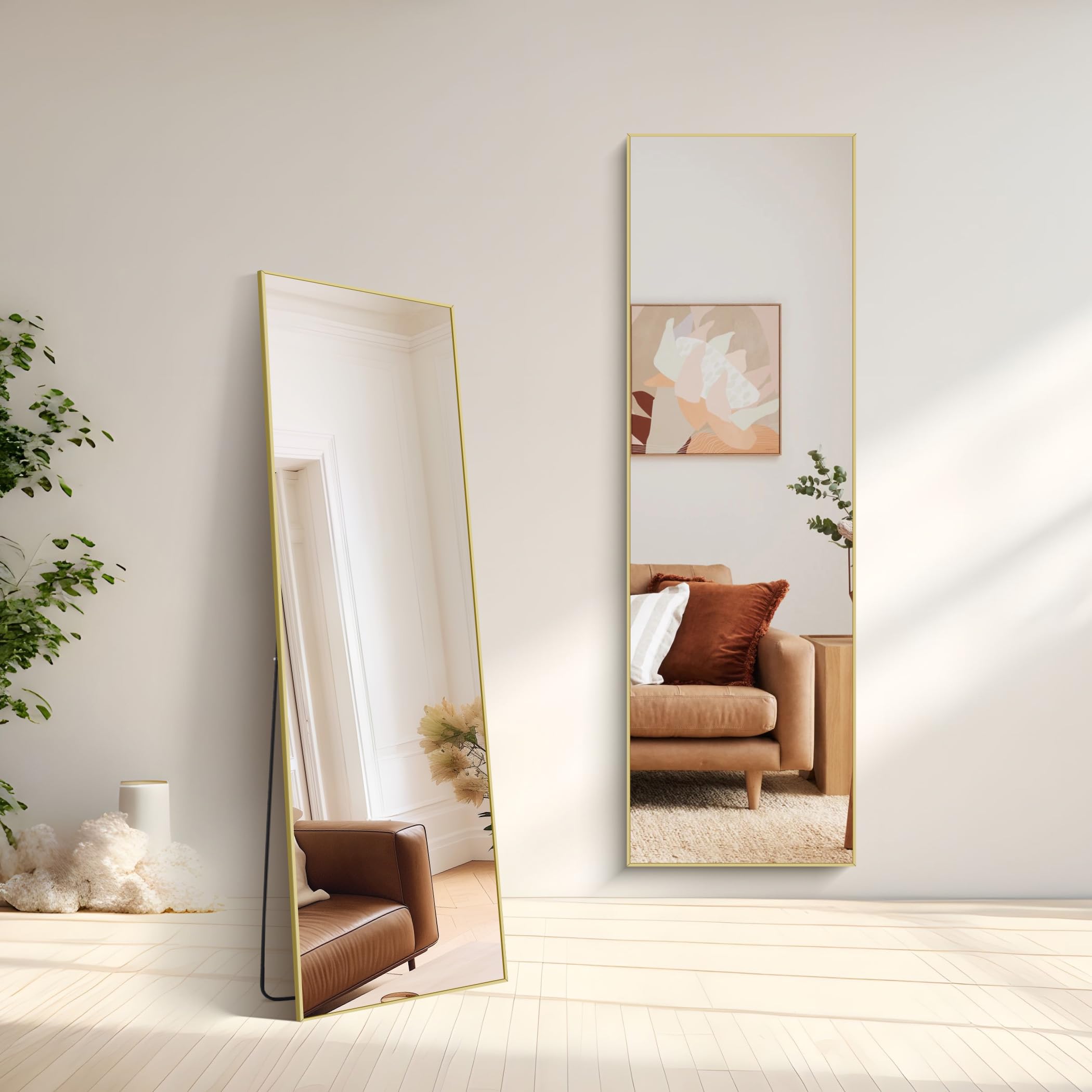 Rechteckiger Ganzkörperspiegel, 150 x 40 cm Standspiegel mit Goldenem Aluminiumrahmen, Groß Wandspiegel Bodenspiegel für Schlafzimmer, Eingangsbereich, Flur, Heimdekorationn