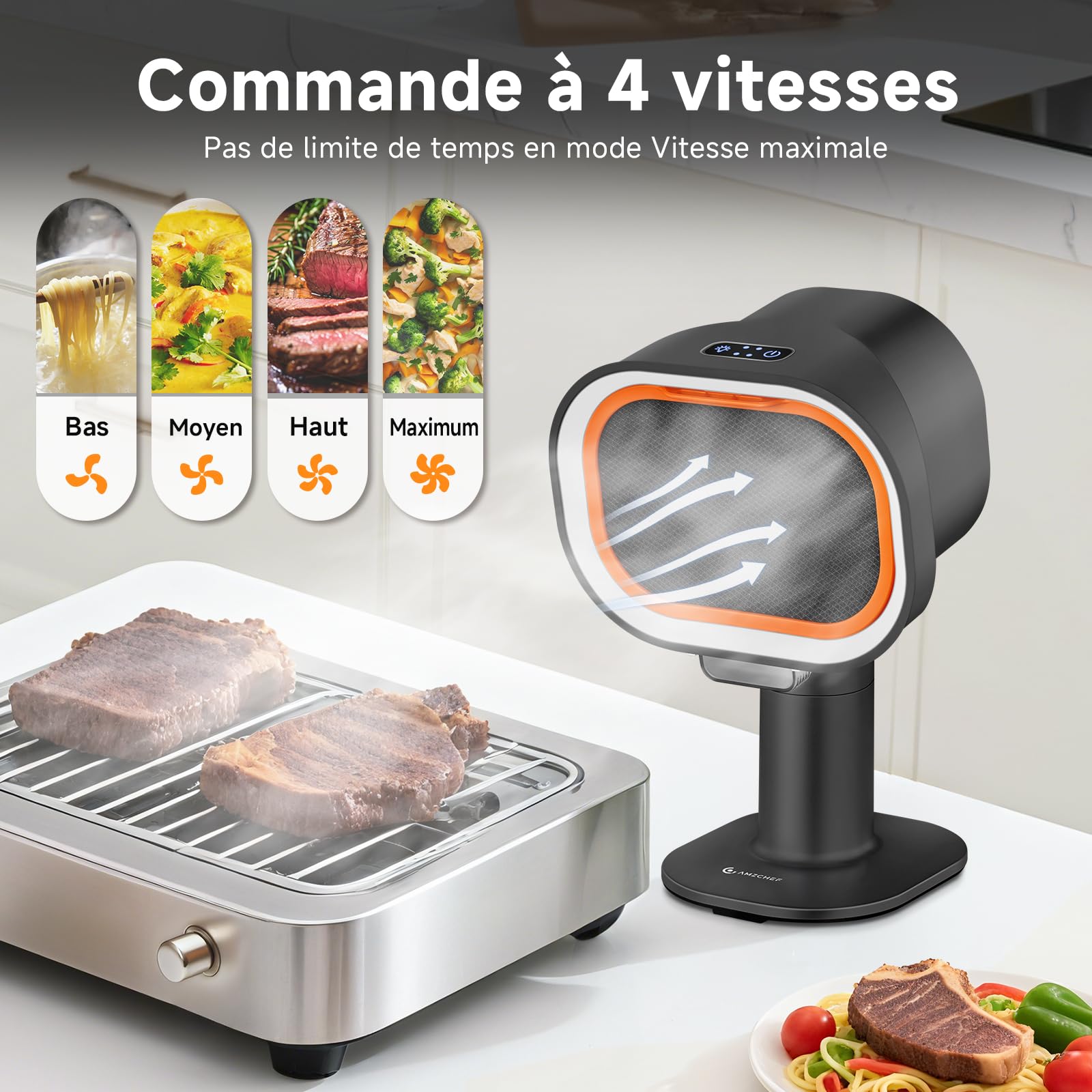 AMZCHEF hotte aspirante portable avec hauteur télescopique et inclinaison à 40°, 4 modes de vitesse, silencieuse, filtre en aluminium de grand calibre pour appartement/BBQ/RV, Noir