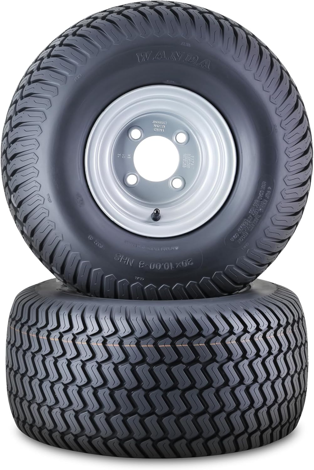 WANDA Lawn Mower Tractor Tire Wheel Assembly 20X10-8 4-Ply with 4 Lugs on 4" PCD Silver Wheel-13040,SET 2