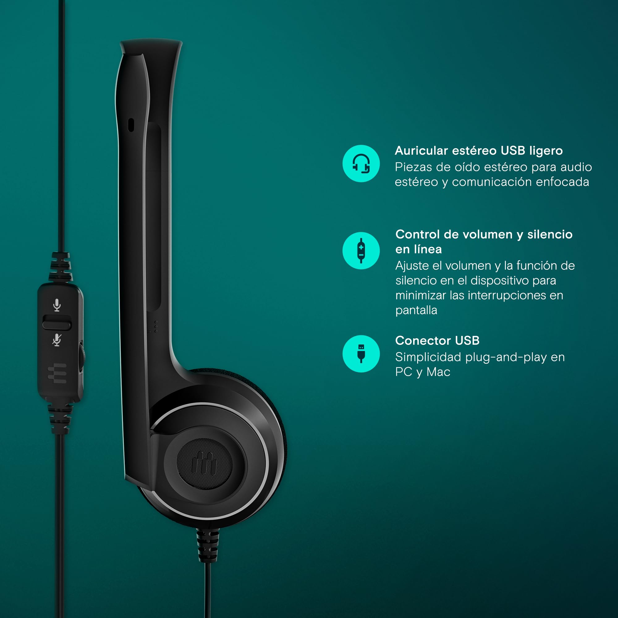EPOS PC8 USB Auriculares Estéreo para PC & Mac - Cascos Cableados On-Ear con Micrófono con Cancelación de Ruido, Conexión USB, Control de Volumen y Mute, Diseño Ultraligero, para Trabajo y Llamadas