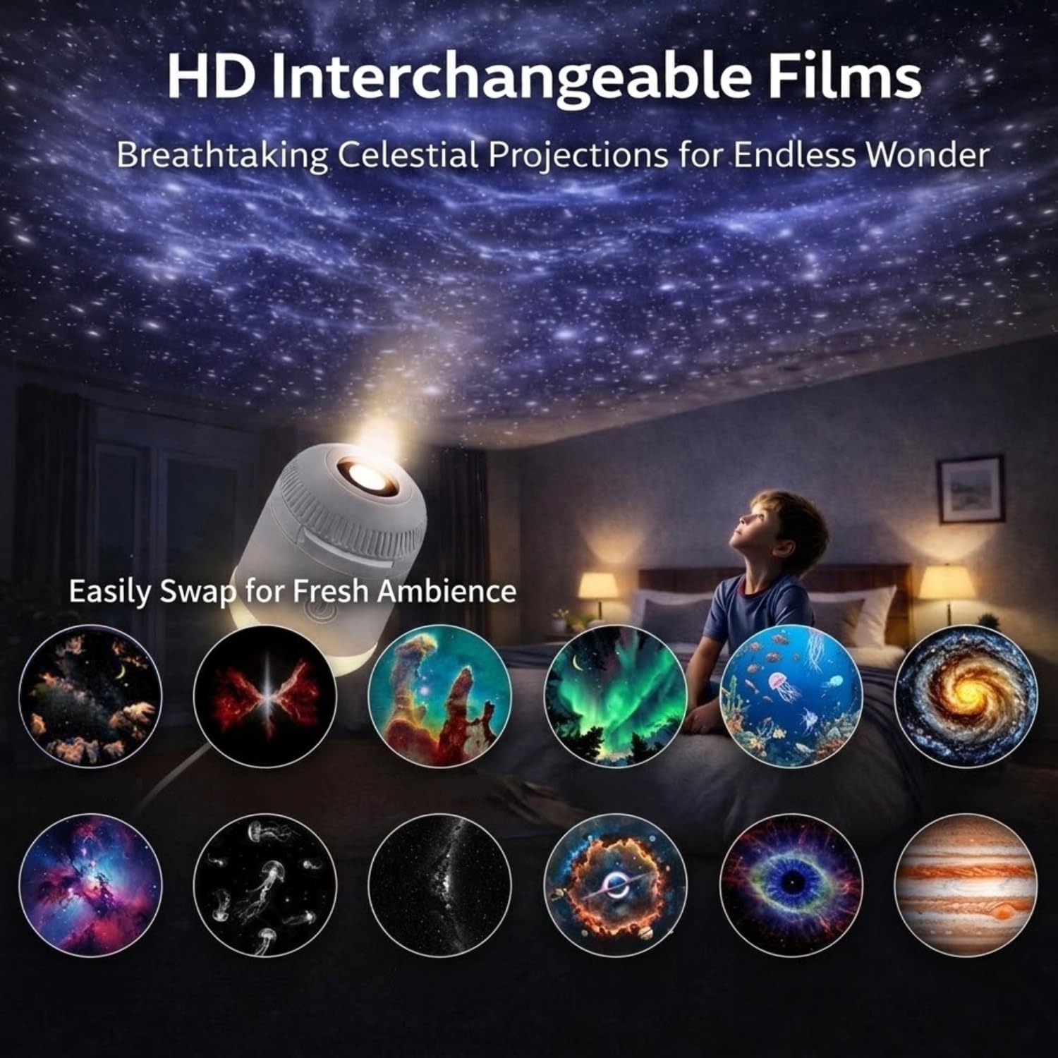 Genérico 2-in-1 Galaxy Star Projector & Night Light, 360° Rotating Portable Starry Sky Lamp with HD Films, USB Powered, Adjustable Brightness, Perfect Room Decor for Kids & Adults (White(3 PCS Film))