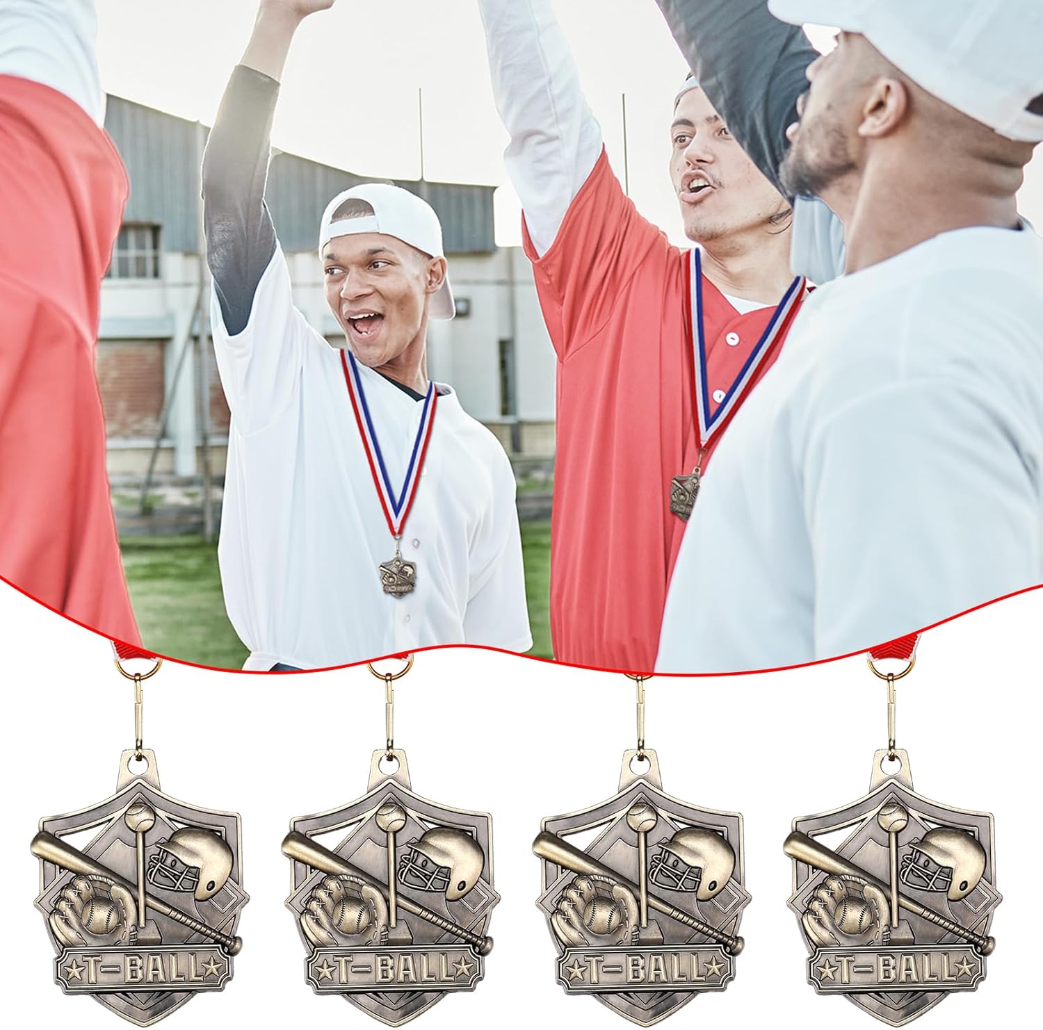 Cunno 24 Pcs Gold T-Ball Medals Bulk 2 Inch Baseball Trophies with Red White Blue Ribbon T-Ball Gifts Winner Encourage Team Participation Medals for Sports Prize League School Competitions