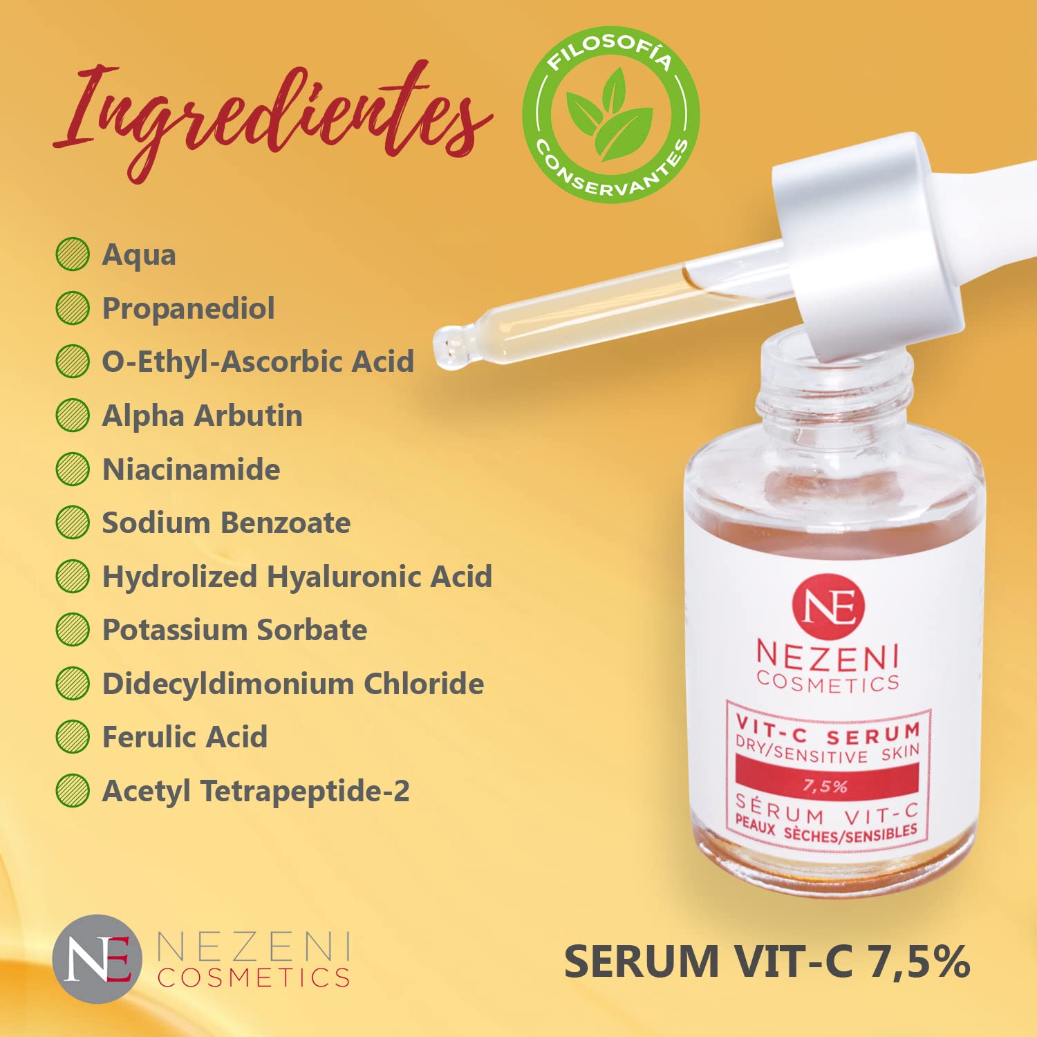 Sérum Facial 7,5% VITAMINA C con Ácido Hialurónico + Niacinamida – 9 principios activos - BAJO CONSERVANTES 2 años caducidad cerrado