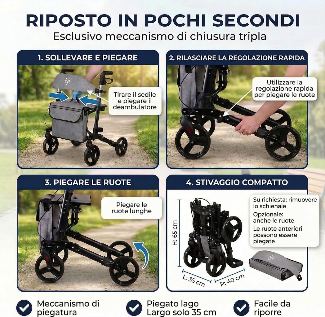 Rollator Deambulatore Leggero 7,2kg, Pieghevole in 3 Mosse