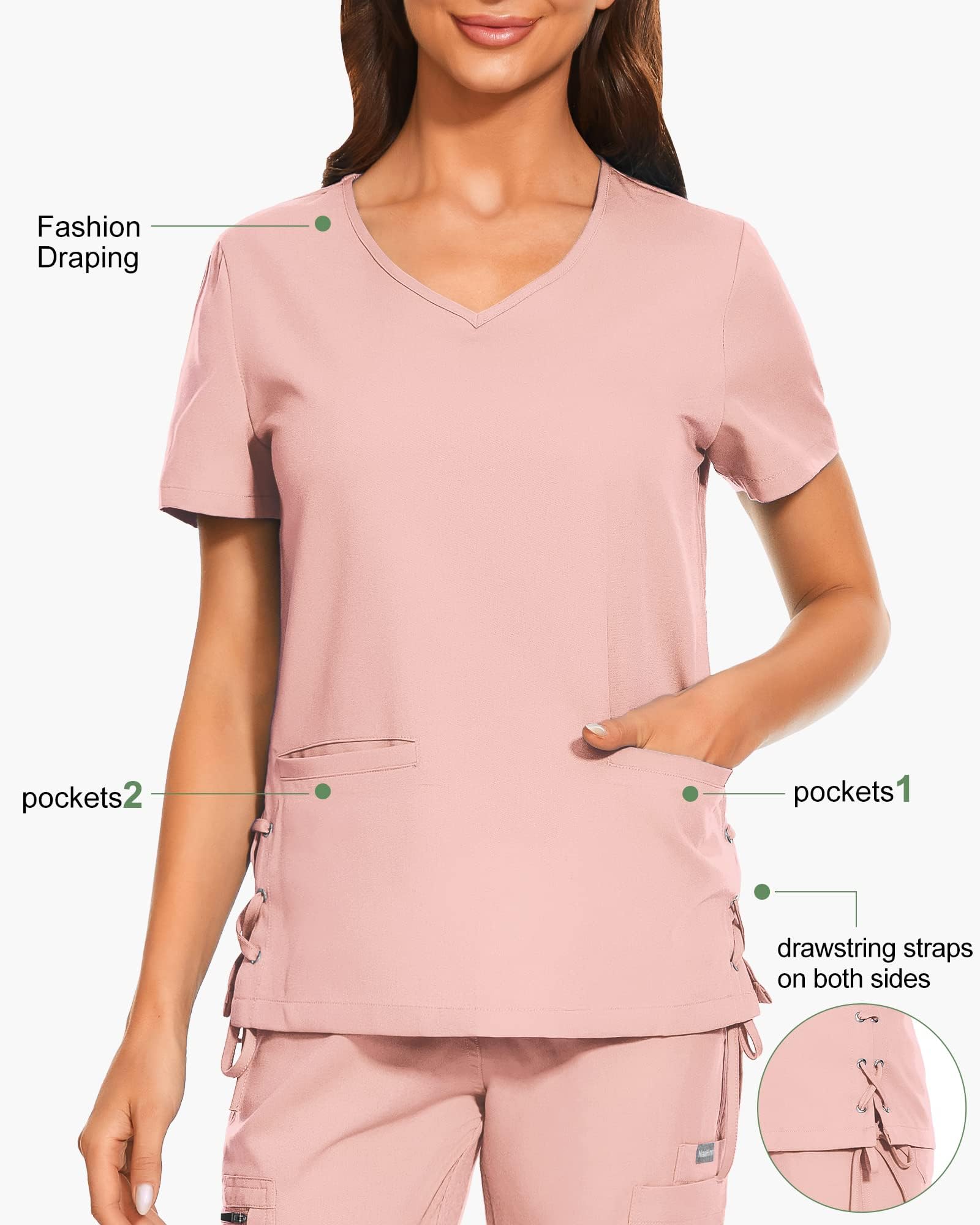 VIAOLI Women's Scrubs Set V-Neck Scrub Top with Jogger Pant and 8 Pockets for Nursing and Clinical Work Uniform (Pink,M,Medium)
