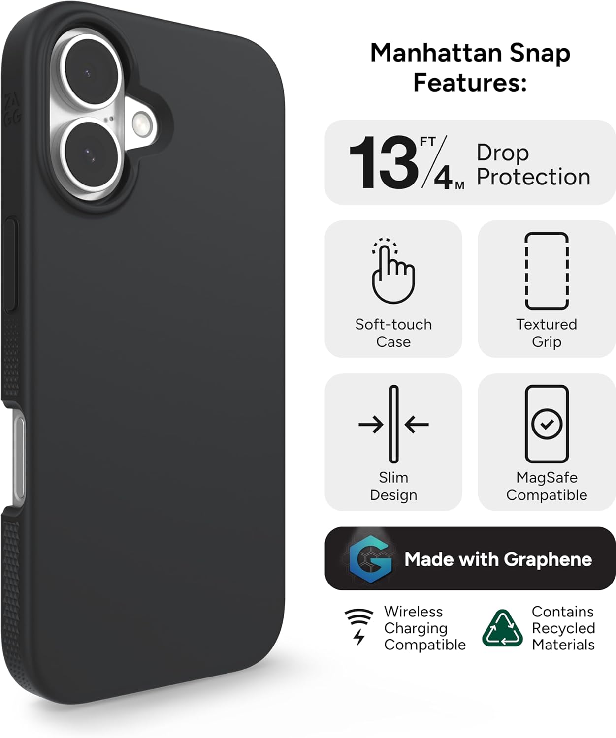 ZAGG Manhattan Snap for iPhone 16 Case - MagSafe Compatible, 13ft Drop Protection, Strengthened with Graphene, Soft-Touch Silicone, Slim & Lightweight Design, 96% Recycled Content, Black - Image 3