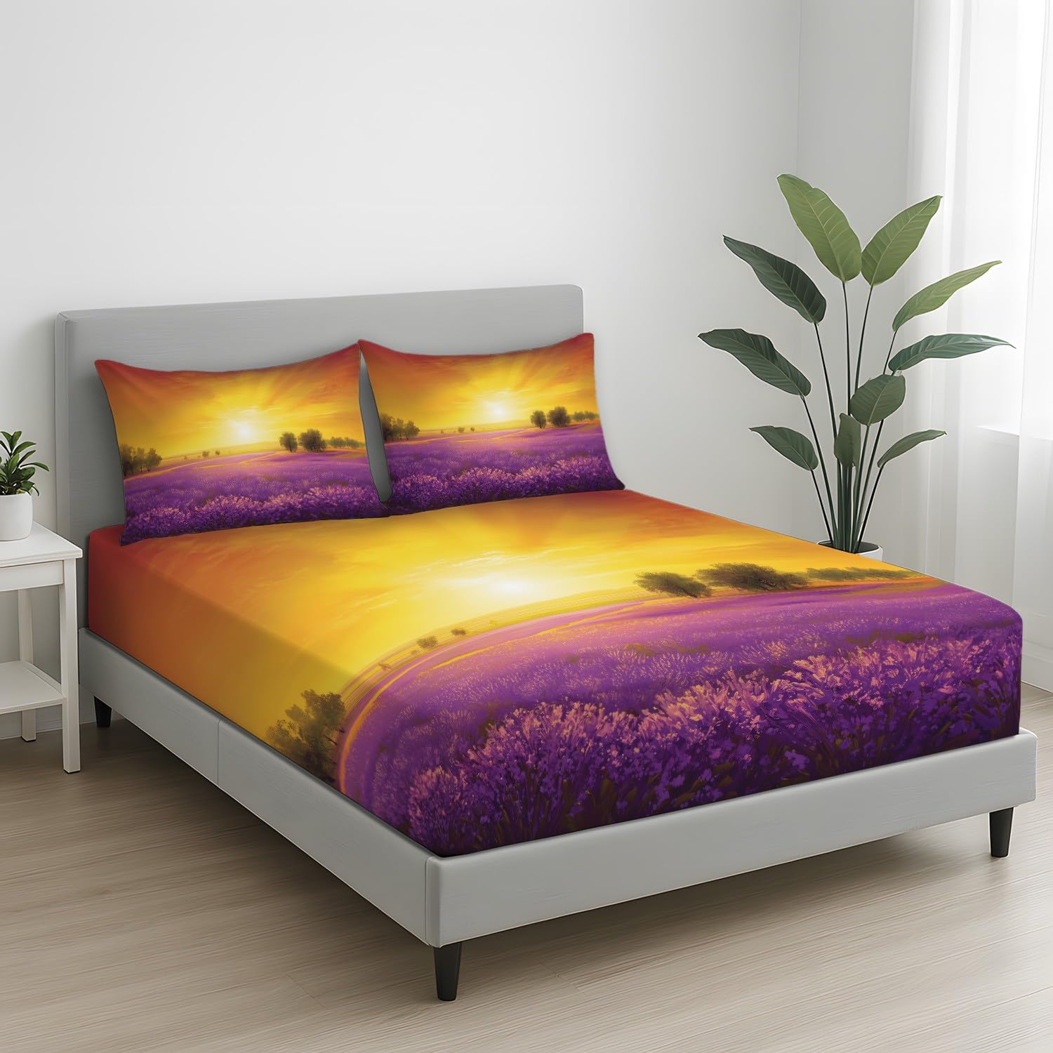 Lavendel Feld Spannbetttuch Landhaus Sonnenuntergang Lila Blumenfeld Spannbettlaken 140 x 200 x 30 cm 3teilig Mikrofaser Bettwäsche Set mit 2 Kissenbezüge 80 x 80 cm Kein Flachbettlaken