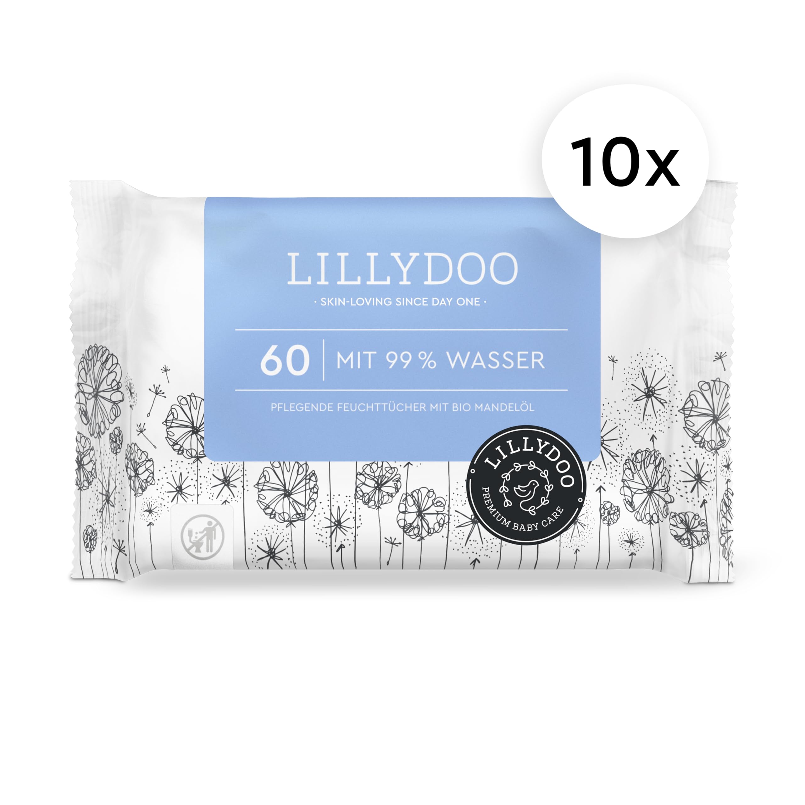 Salviettine umidificate LILLYDOO al 99% acqua, 600 pezzi (10 x 60), 100% senza plastica, senza profumi e delicate come acqua e cotone