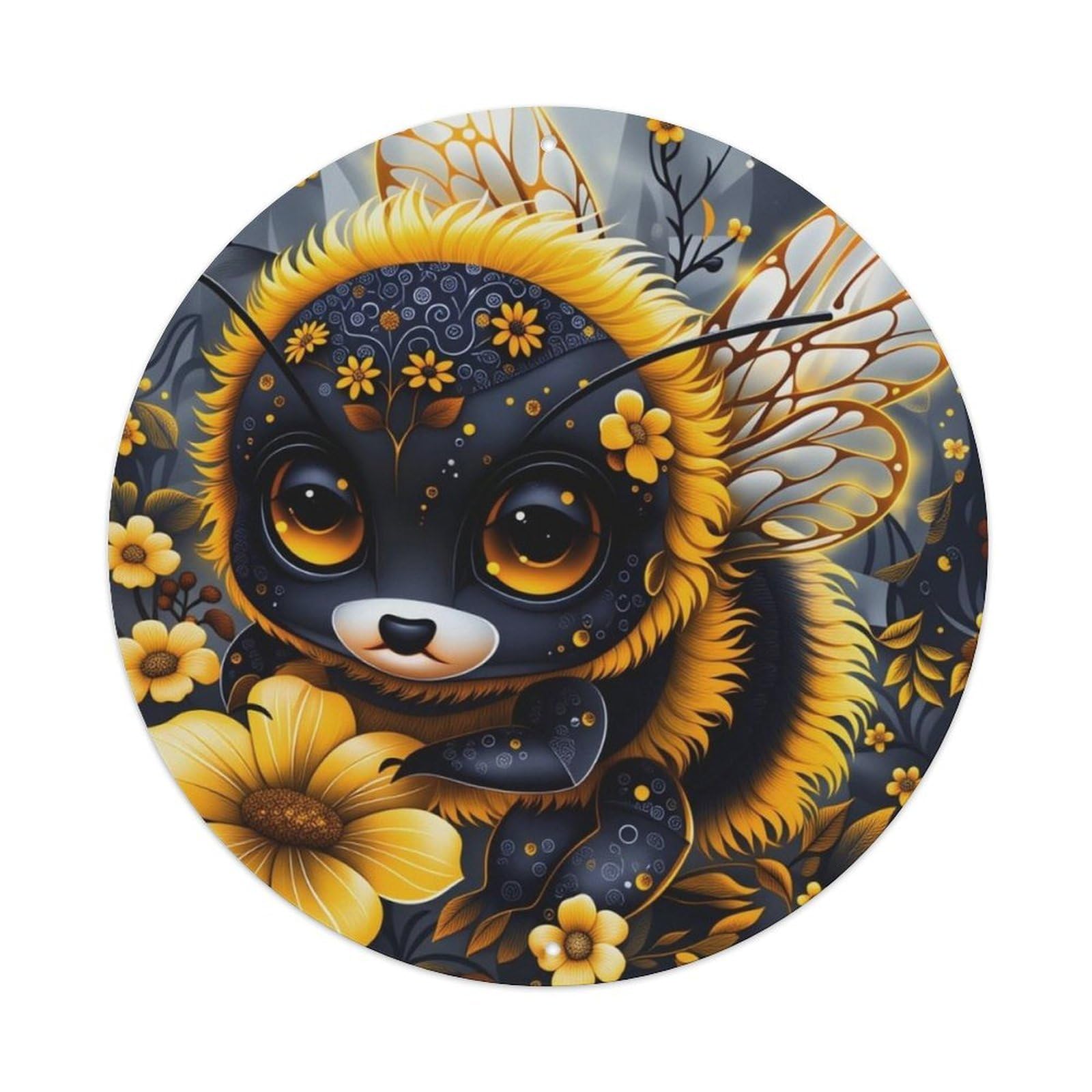 Cute Floral Cartoon Bee Art Round Wall Sign Vintage Aluminium Metal Sign, Retro Wall Decor for Home, Bar, Garage & Farmhouse 20x20cm