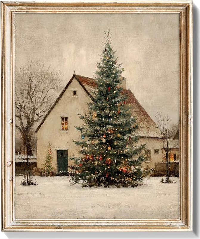 RETRART Quadro decorativo de Natal com chalé nevado e árvore, sem moldura, 25,4 cm x 20,32 cm