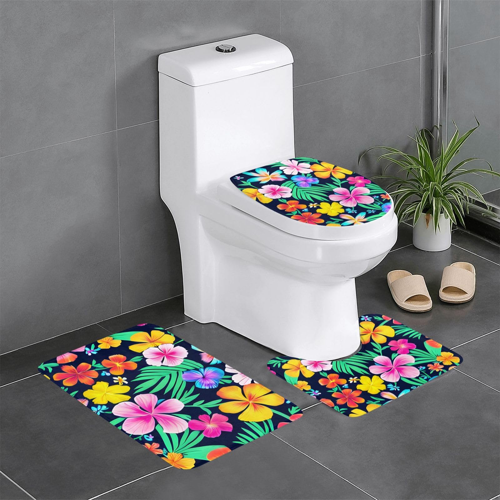Lot de 3 tapis de salle de bain antidérapants fleurs 61x40cm