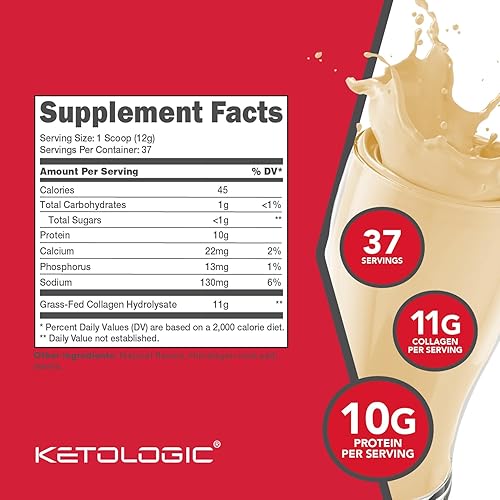 Miniatura 2 de Ketologic Polvo de hidrolizado de colágeno alimentado con pasto (vainilla) (1 libra), 37 porciones, 0.43 onzas de colágeno por porción, 0.35 onzas